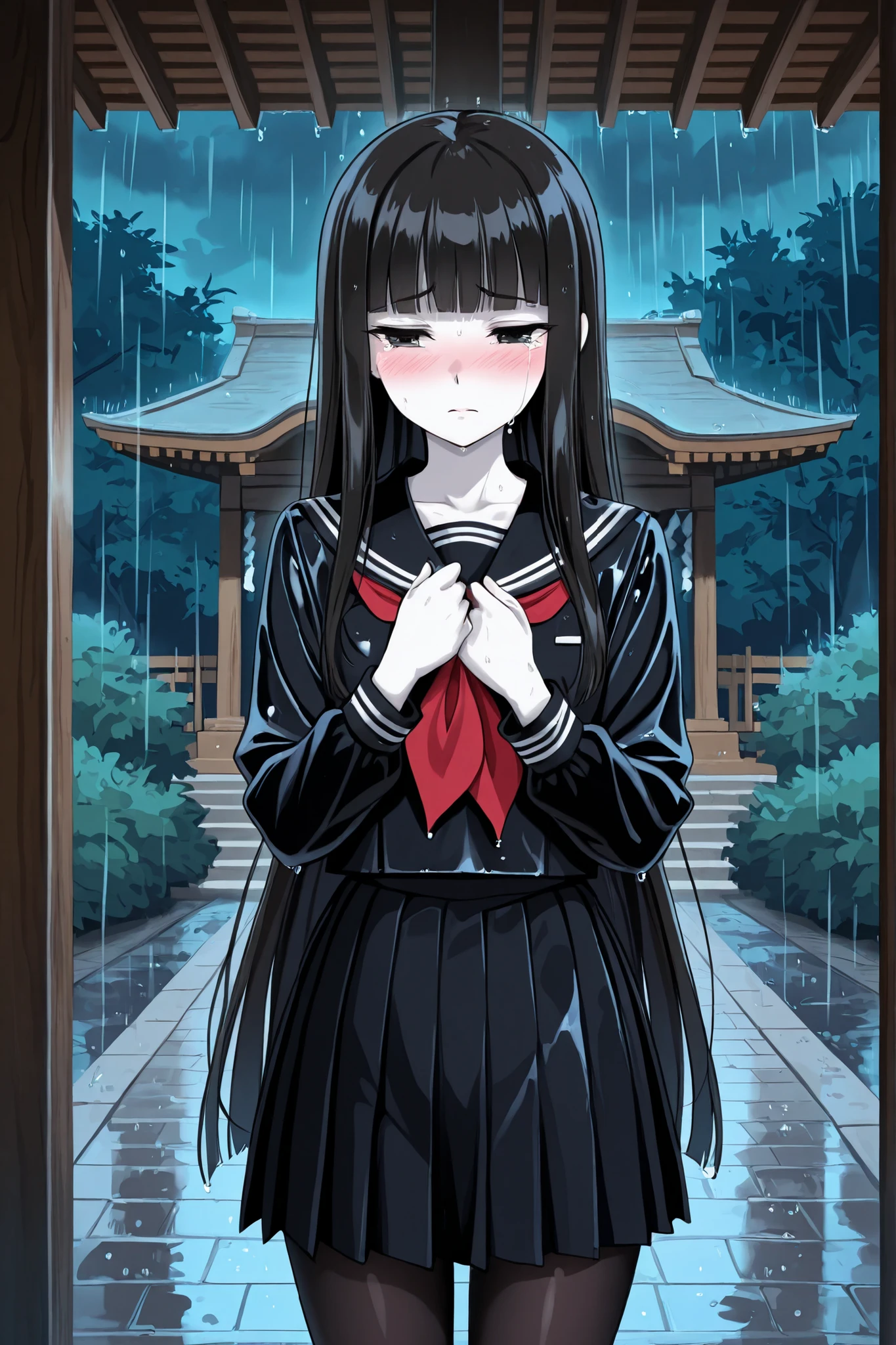 1 girl, beautiful girl,adult,18 years old,black eyes,narrow eyes,black hair, very long hair,blunt bangs,skinny,masterpiece,general,highres, ultra-detailed,very aesthetic,best quality ,best hands,5_fingers,best eyes,perfect anatomy,anime coloring,easynegative,black long-sleeved sailor uniform with red nektieribbon,black sailor suit, long sleeves,black pleated skirt, black tights, anime style,white skin,whole body,night,rain,wet,shrine,tears,blush