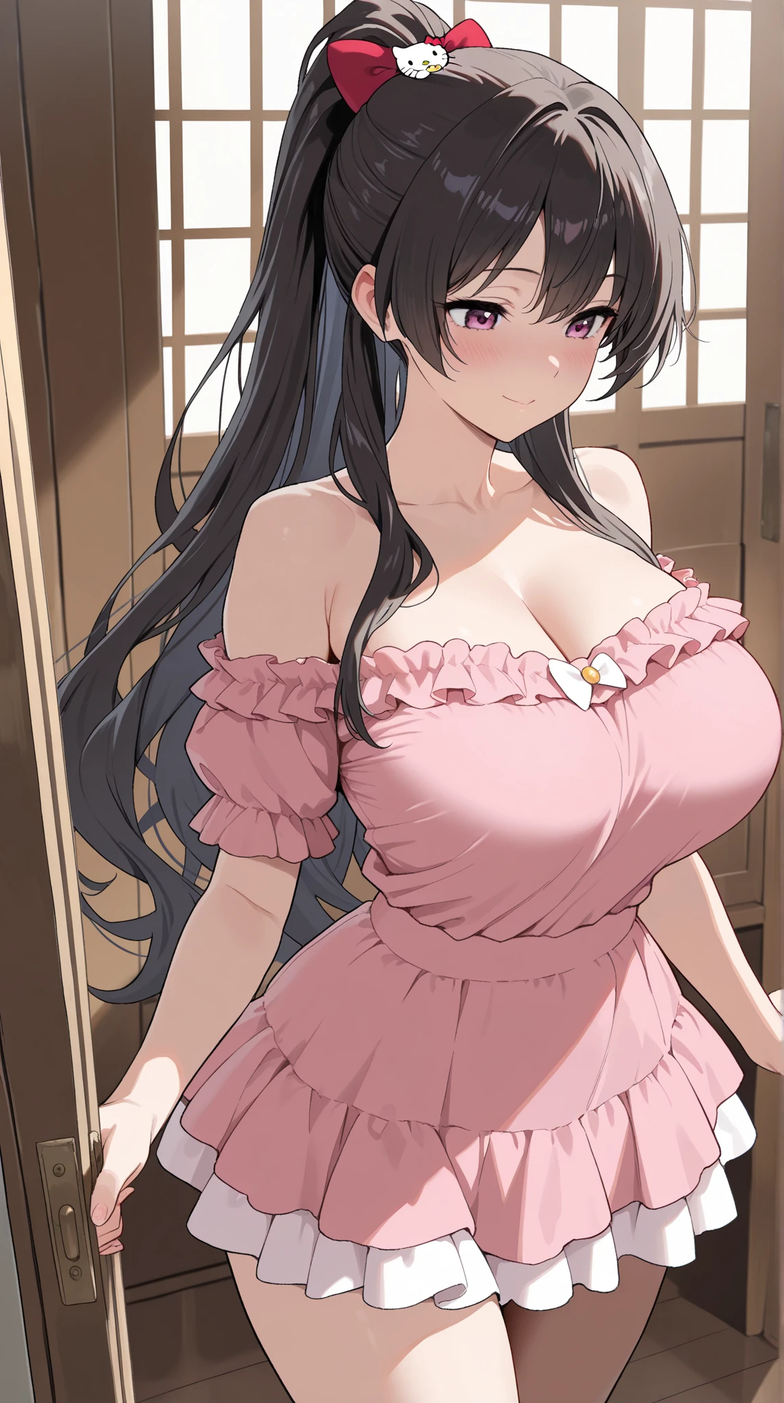 Highest quality、Droopy eyes、Light brown hair、((Wavy curly long hair))、Down Bangs、(Clothed Big Tits)、((Tall with broad shoulders))、Sleeveless blouse、(((Pink Nails)))、smile、Sexy lips、high school girl、Earrings、necklace、ring、Long skirt