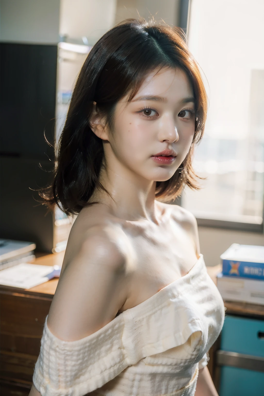 Best quality, masterpiece, ultra high res, (photorealistic:1.5), raw photo, 1girl, offshoulder, in the dark, deep shadow, low key, cold light, sexy look, short hair