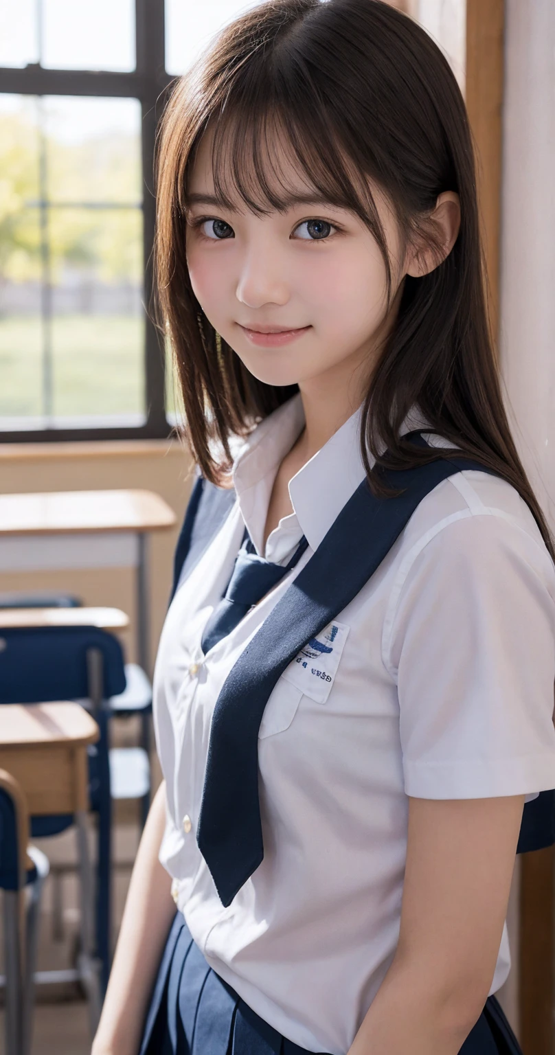 (Best-quality, Masterpiece, Ultra-High-Resolution, (Photorealistic:1.4), Raw Photo, depth of field, professional lighting, perfect anatomy, extremely details), 1girl, 15-years-old, the most famous Japanese idol, innocent smile, (((from below):1.3)), (extremely cute face like the most popular Japanese idol, ((extremely cute and extremely big black-eyes)), extremely beautiful black-long-hair), (((extremely realistic and extremely beautiful skins))), extremely cute long-eyelashes, extremely cute lips, extremely cute thighs), ((wearing summer-high-school-uniform-white-shirt, summer-high-school-uniform-navy-blue-pleated-skirt, white-underwear))
