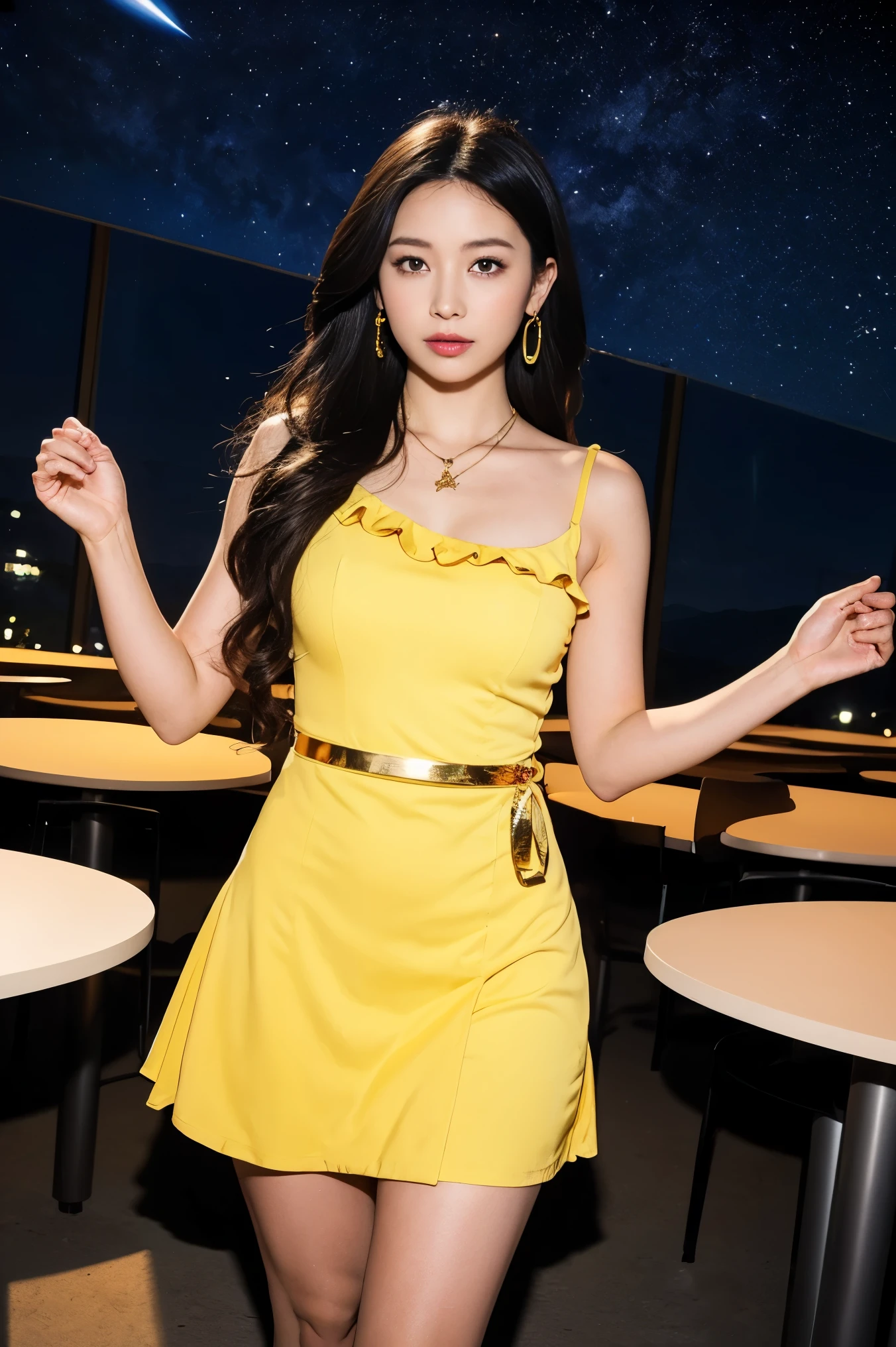 Highest Quality, masterpiece, realistic, high resolution, 8KRAWpictures, 1 girl on break day, medium long hair in the break room、glamour、Yellow minidress with thunder motif、Gold trim、star shaped red dress with tar pendant 、star earrings、Action Pose、(Hill where you can see the night sky)、( UFO in the sky :1.2)