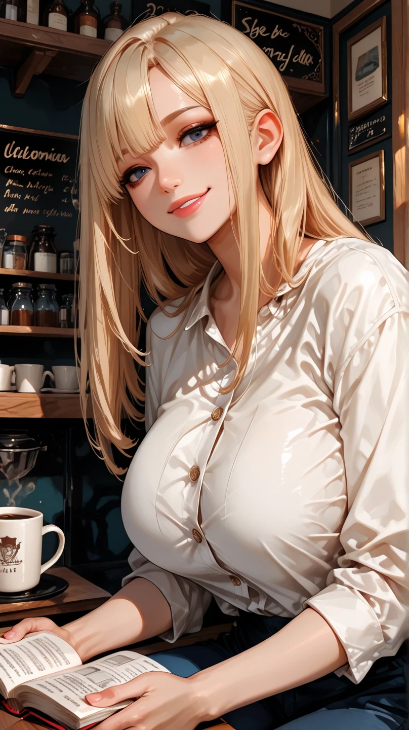 1girl only, smile, ((long blonde hair,Between dates.)),((open shirt, white collar shirt)), ((cleavage is visible.)), medium breasts, skirt, sarcastic, shy, blushing, 1girl ,((tanned, fair skin)),((short sleeves))