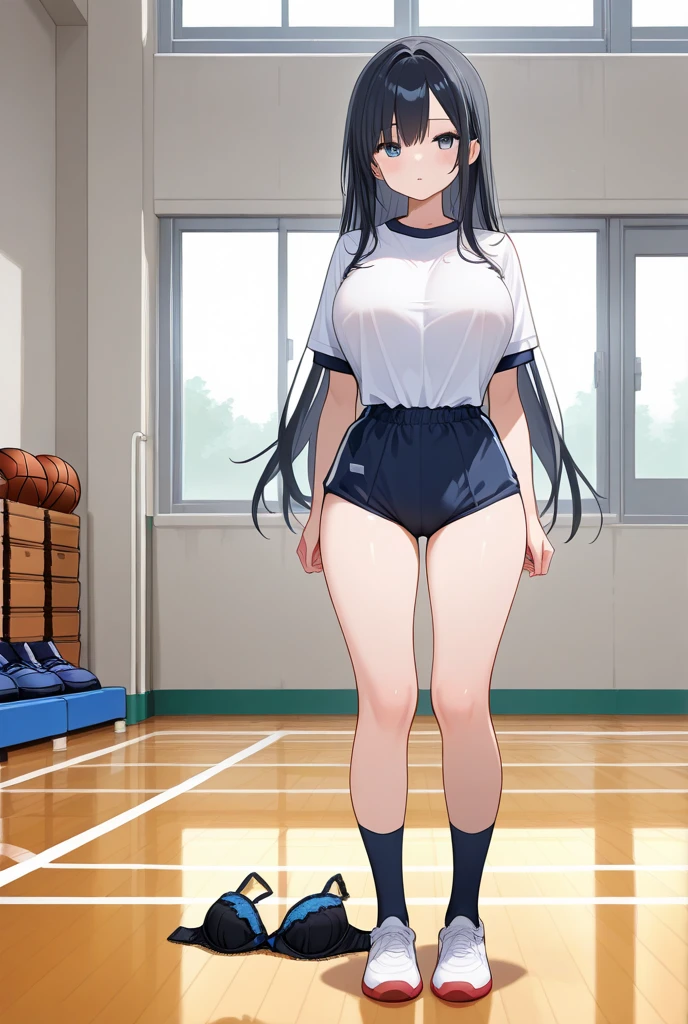 masterpiece,Highest quality,High resolution,shape,Very detailed,8k wallpaper,Ray Tracing,girl,(Black Hair:1.1),((Long Hair:1.1)),(Black Eye 1:1.1),Straight hair,Medium Chest,((embarrassing 1:1.3)),((Female organ 1:1.3)),((Sportswear:1.2)),locker room,School Swimsuit