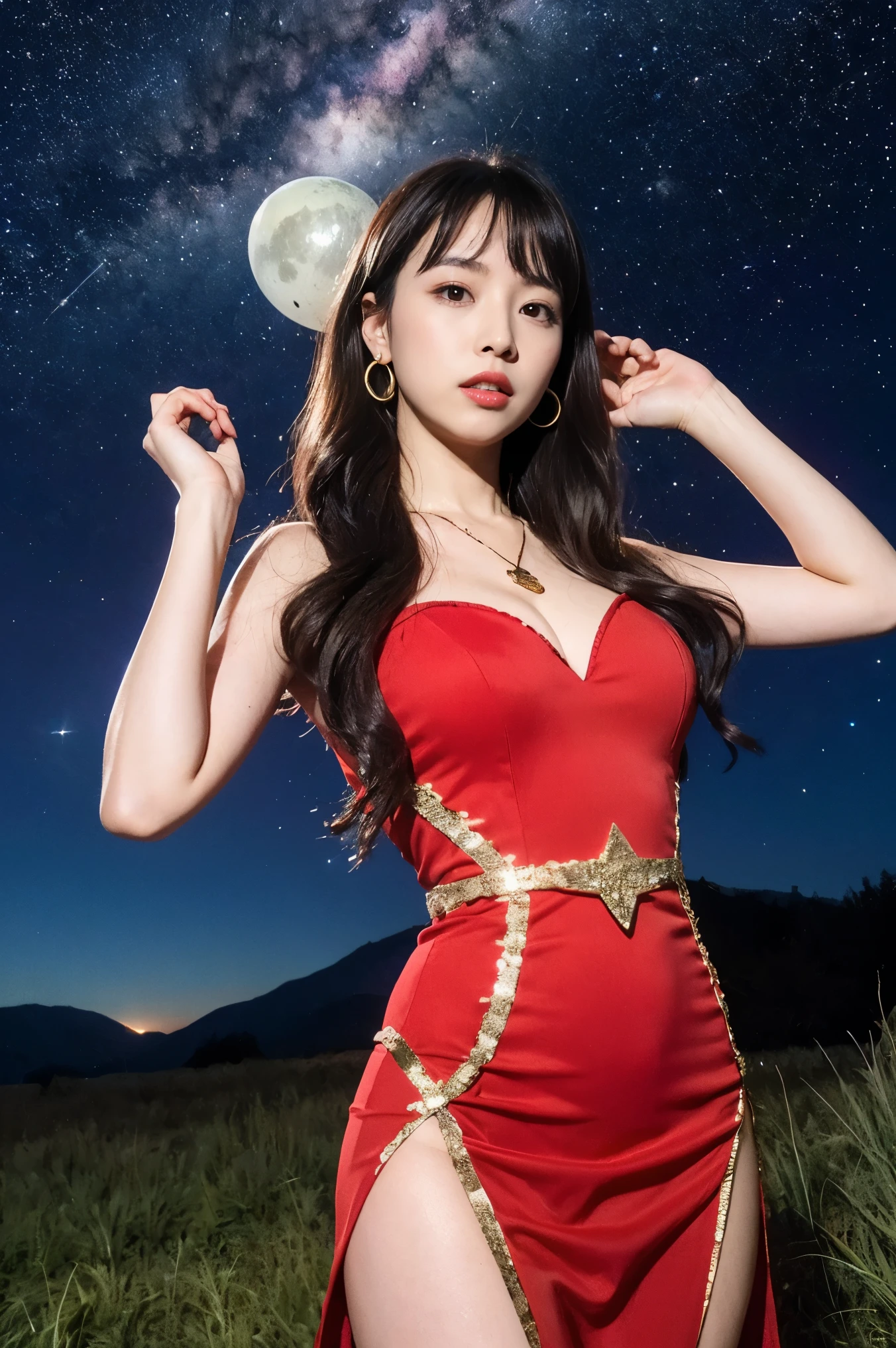 Highest Quality, masterpiece, realistic, high resolution, 8KRAWpictures, 1 girl on break day, medium long hair in the break room、glamour、Strawberry motif red mini dress、Gold trim、star shaped red dress with tar pendant 、star earrings、Action Pose、(Hill where you can see the night sky)、( UFO in the sky :1.2)