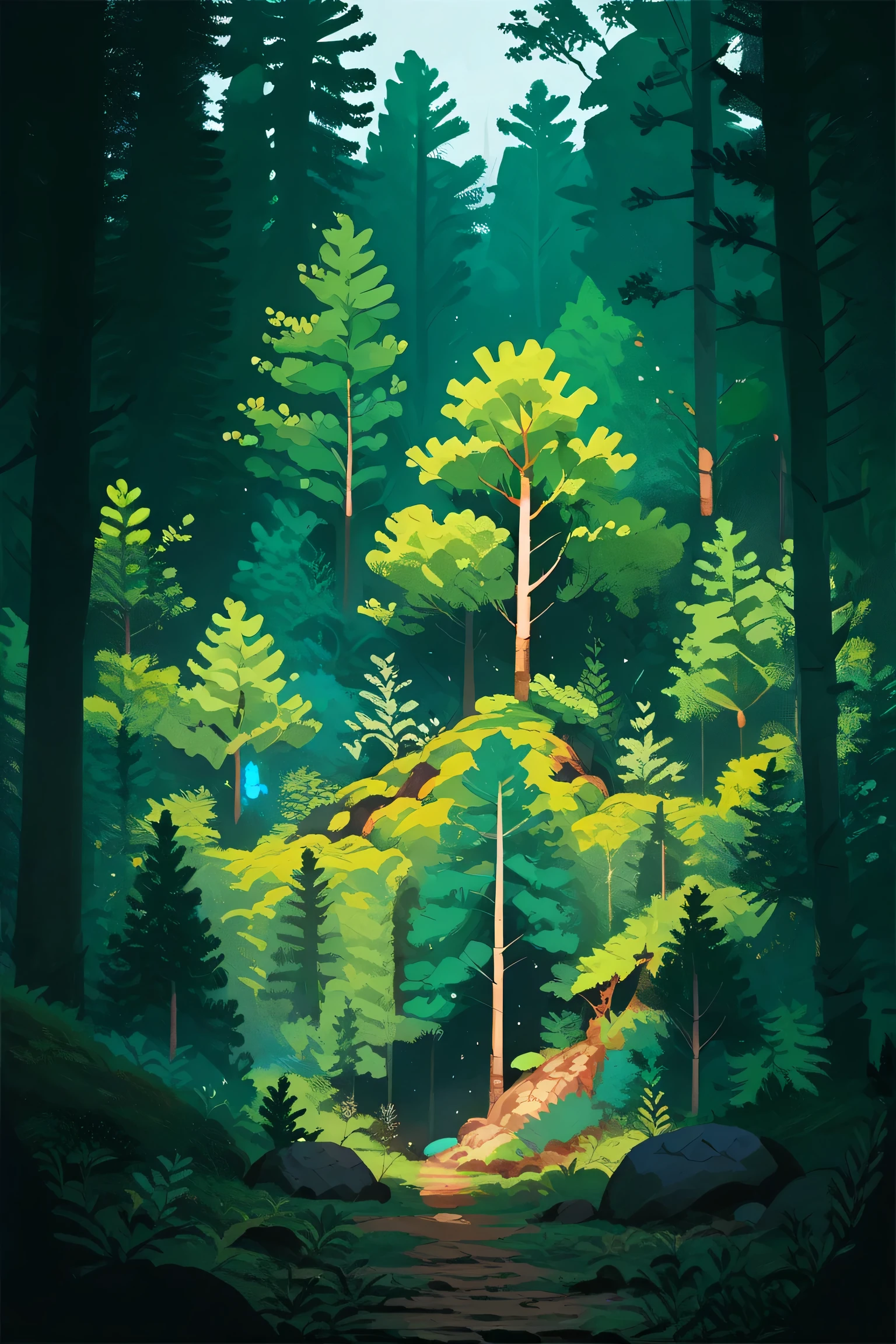 masterpiece, Best quality,Big rock in the forest, Moss