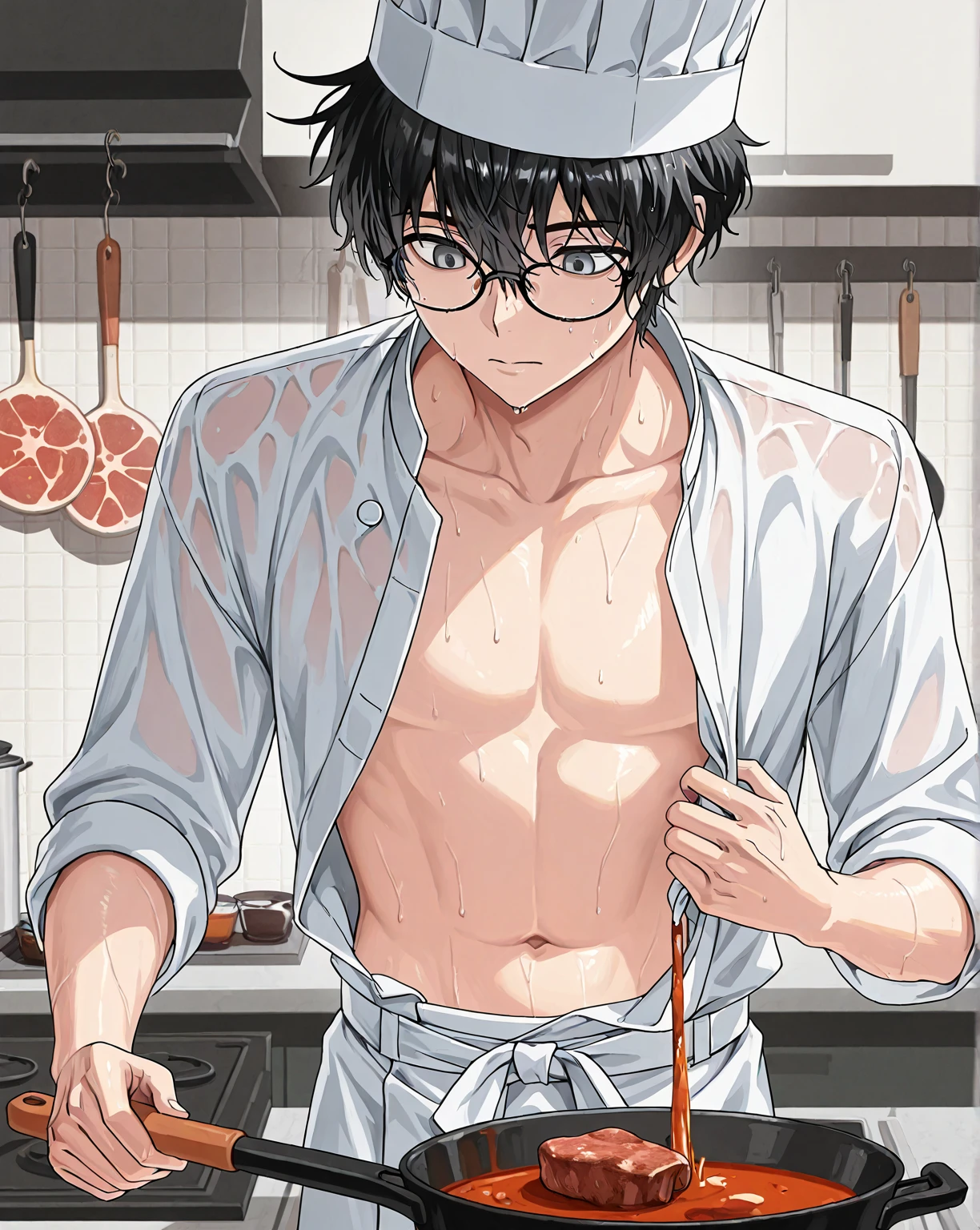 Highres, Masterpiece, Best quality at best,Best Quality,hight quality, hight detailed, 1boy, boy, Shota, Bunny ear, Slim body, Nyotaimori, table full of food, On table, (Food on his body), (very young boy), Underwear, 12-year-old boys, armpit, hansome, Sweat