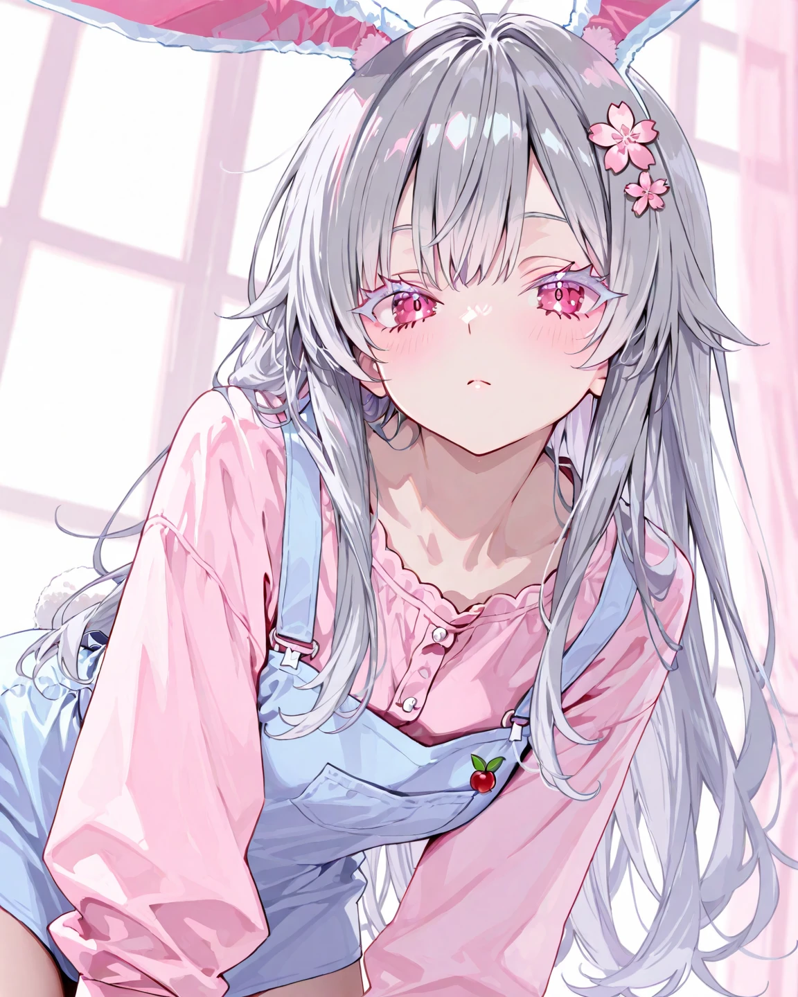  detailed background, Masterpiece,  top quality, smile,  Nakiri Ayame,  striped hair,  they horns, Gray Hair, Twin Pan,  red eyes, smile,  Portrait, neon,  graffiti,  dark,   knight , Shining Eyes,  black light, Young Scandinavian woman,  cute face,  fascinating,  top quality, masterpiece,  Sheer Summer Dress, Golden Hour, Detailed texture,  long blade hair ,  sitting on the bed ,  pose, カジュアルな pose, Wood Cottage,  interior , [], Midea, Rolling,  caustics , light, sunlight, ((( soft lips ))), ((( glossy lips))),  very detailed, (Semi-realistic:1.2), Niradeb, 