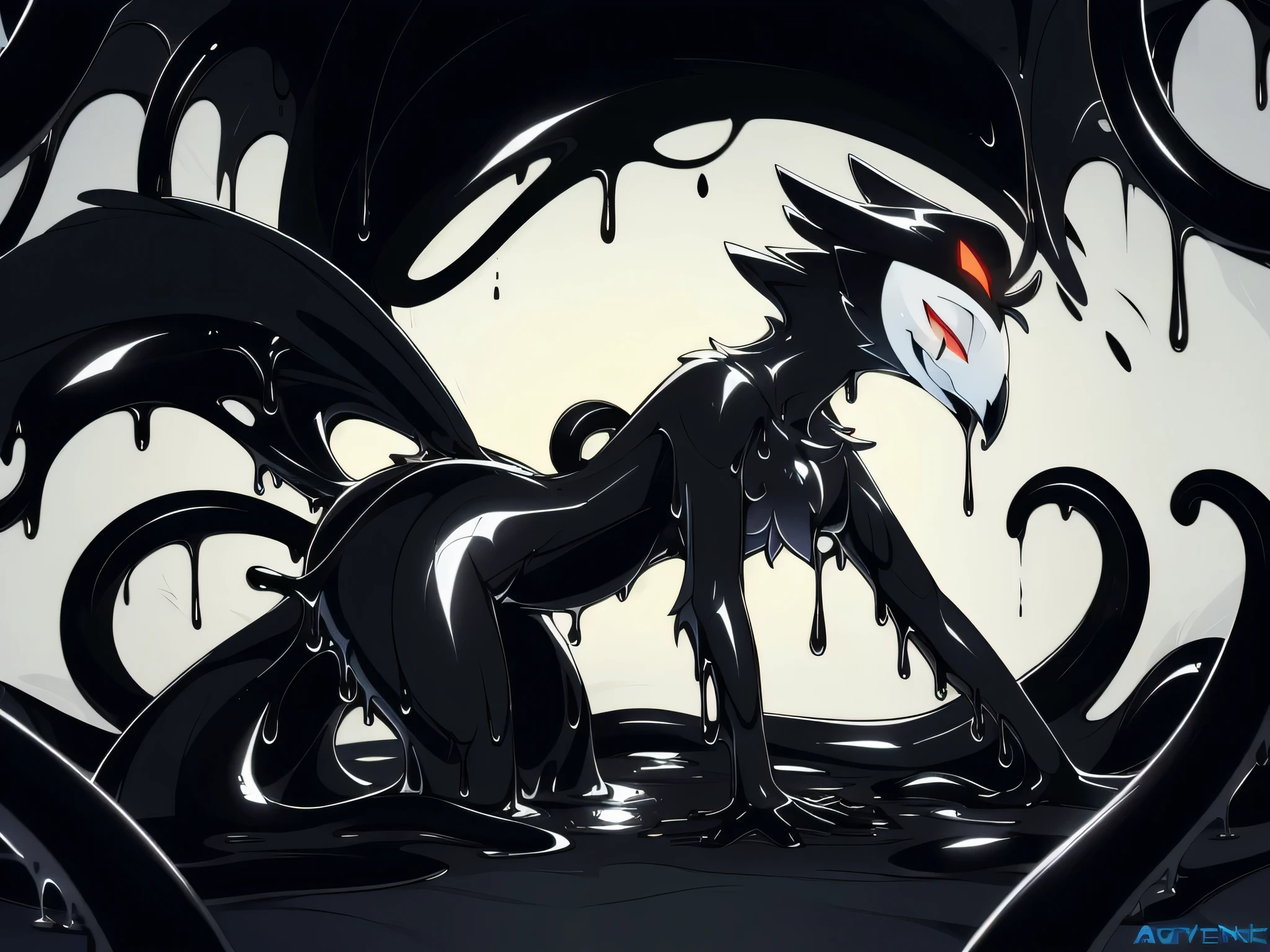 Tanraak (style), ((masterpiece)), ((8k quality)), (no watermark), stolas, male, sleek, shiny black slime body, long tail feathers, shiny, slick, goo, gooey, wide hips, black goo, dripping goo, black body, bs, avain tail, avian, thighs, butt, melting, detailed bedroom, glistening, chest tufts, undercovert tail feathers, smile, puddle of black slime, black slime everywhere, black slime tentacles, tentacles everywhere, black tentacles touching body, surrounded by black tentacles, rubbing belly with both hands, looking down at belly, standing