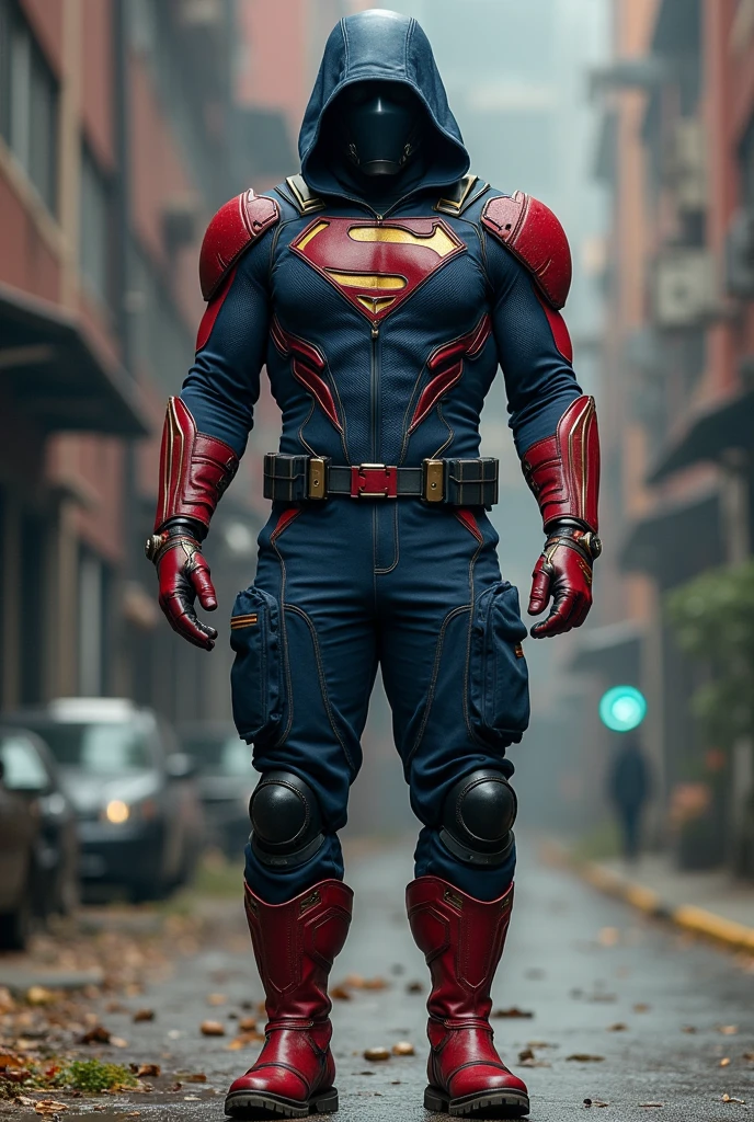 A 15 year old super hero boy who has short wavy  hair, half of his face is covered with a mask,  and wears a full body super hero type suit. 