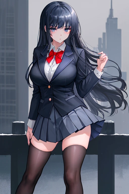 1girl, ((school uniform)), mature female, tall female, dark blue hair, black hair, long hair, wavy mouth, blue eyes, shy, timid, huge breasts, thick thighs, pantyhose, arms behind back, white skirt, skirt, red necktie, necktie, black jacket, jacket, pleated skirt, red glasses, glasses, ((black jacket)), ((white skirt))