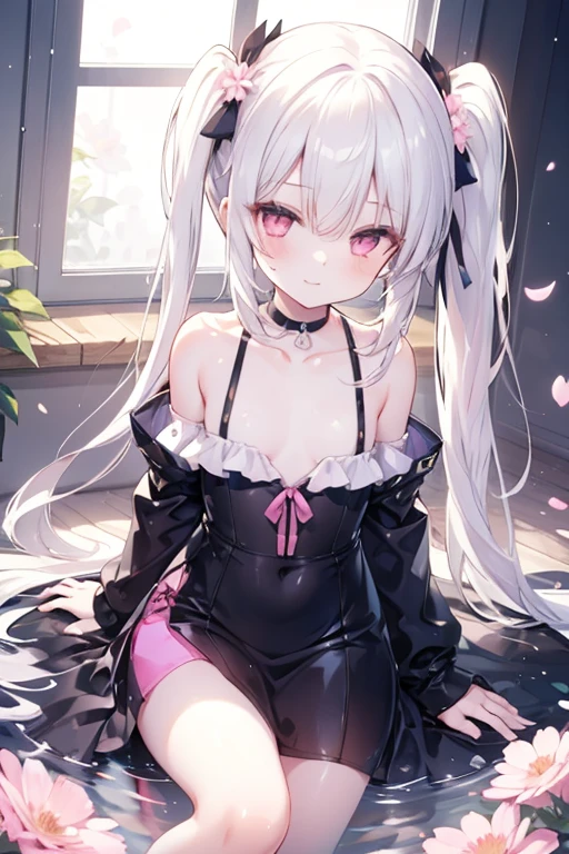 best qualityer,tmasterpiece,Ultimate resolution,downy,Extremely colorful,Colorful,Elven girl,Well-behaved and cute,full bodyesbian,Black and white double ponytail,Lolita long dress, Long legs with two white stockings,Muffin shoes,closeup of face