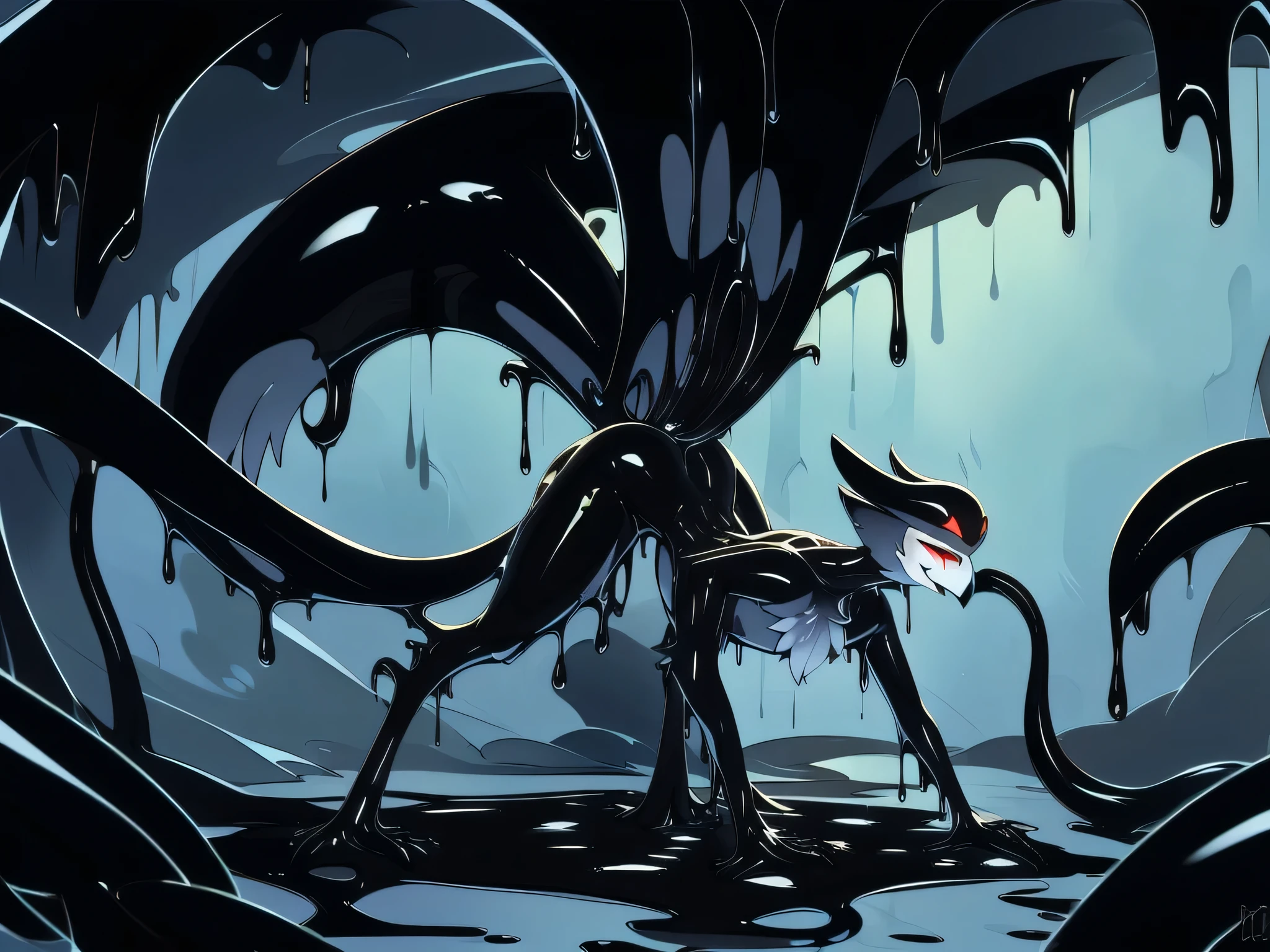 Tanraak (style), ((masterpiece)), ((8k quality)), (no watermark), stolas, male, sleek, shiny black slime body, long tail feathers, shiny, slick, goo, gooey, wide hips, black goo, dripping goo, black body, bs, avain tail, avian, thighs, butt, melting, detailed bedroom, glistening, chest tufts, undercovert tail feathers, smile, puddle of black slime, black slime everywhere, black slime tentacles, tentacles everywhere, black tentacles touching body, surrounded by black tentacles, rubbing belly with both hands, looking down at belly, standing
