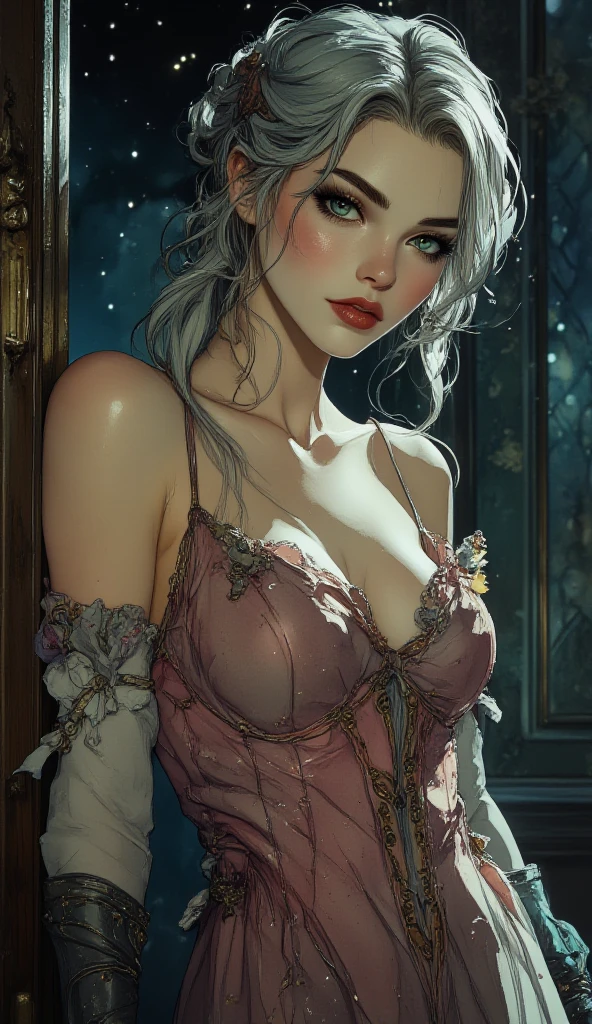 (Highest quality, masterpiece:1.2), Ultra-high resolution, Realistic, Front lighting, Intricate details, Exquisite detail and texture, One girl, alone ,(young), Facial highlights, Upper Body, Detailed face, Teardrop Mole, white skin, Silver Hair, ponytail, Braid, View your viewers, Big eyes, silk robe, (Hollow pattern, white, silk), Earrings, Small breasts, The body is slim, Luxurious Room, Professional Lighting, Photon Mapping, Radio City, Physically Based Rendering,