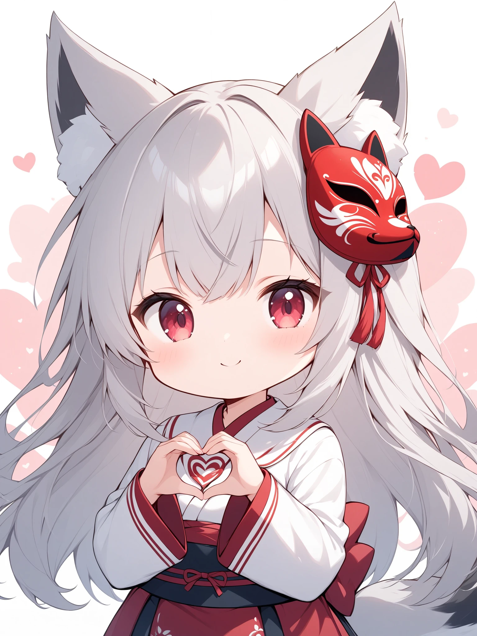 thin and soft painting style 、solo、1 person、 chibiキャラ、 chibi、White fox girl 、 grey hair、 Smooth Long Hair 、 fox ears、 fluffy fox tail 、Ruby Eyes、squint、cute、heart hands、 Fox Mask on Head 、
