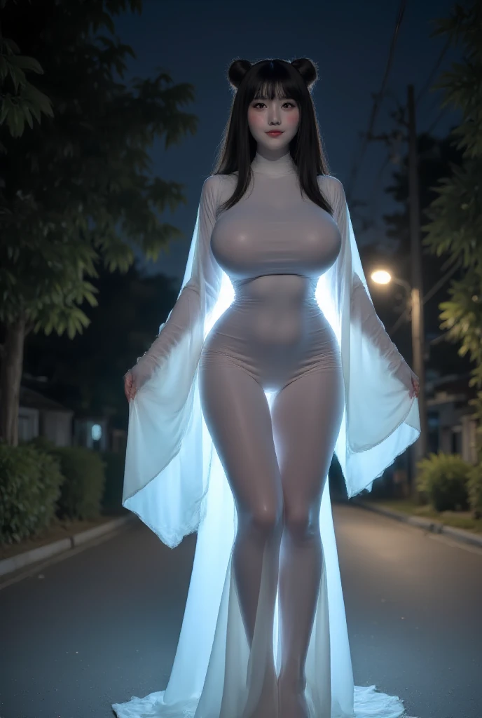 A Japanese female superhero with long straight dark hair. She has gigantic tits, round belly, and thick thighs. She is wearing a transparent crystalline superhero costume that is completely see through and a faint shade of pink. She is standing in the middle of a crowded city street as cars and people race past her.
