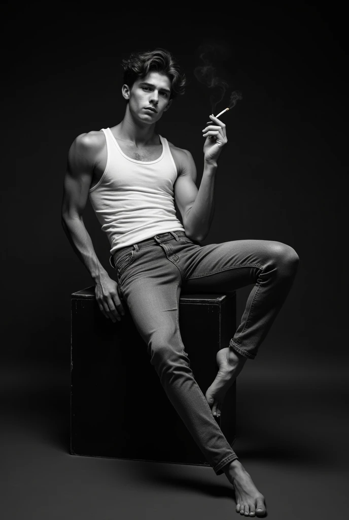 (um homem corpulento e peludo, fumar um charuto, Wearing a dirty white tank top and tattered jeans, with worn and dirty sneakers),illustration,Charcoal texture,Antecedentes detalhados,atmosfera empoeirada,alto contraste,dramatic lighting,cinematic tones