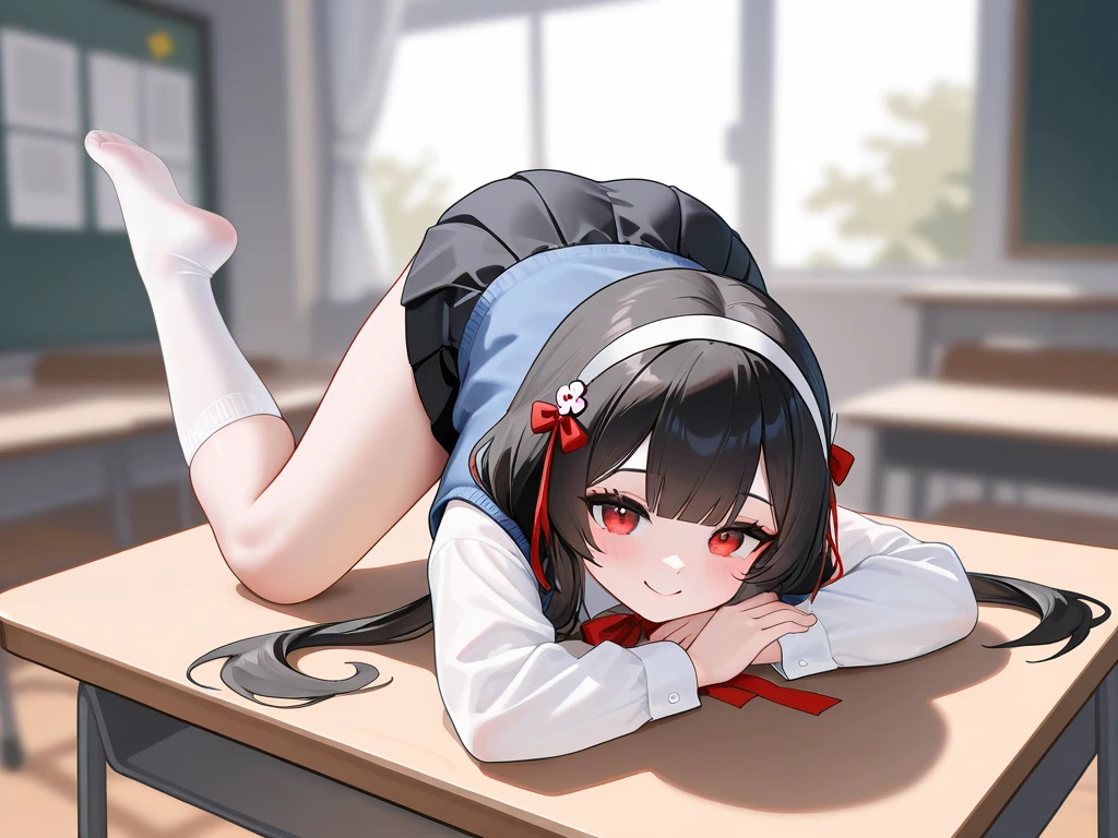 mitsuhamiyamizu, mitsuha miyamizu, black hair, (brown eyes:1.5), hair ribbon, (small breast:1.2),
BREAK bow, bowtie, kneehighs, pleated skirt, red bow, red bowtie, school uniform, skirt, white shirt, long sleeves,
BREAK looking at viewer,
BREAK indoors, classroom,
BREAK (masterpiece:1.2), best quality, high resolution, unity 8k wallpaper, (illustration:0.8), (beautiful detailed eyes:1.6), extremely detailed face, perfect lighting, extremely detailed CG, (perfect hands, perfect anatomy),(white panties:1.5), (short, tiny, little:1.2), (spread legs, open legs, knee up:1.3), groin, perineum, leaning back, body tilt, shy, blush, embarrassed, arms behind back, cowboy shot, dutch angle,