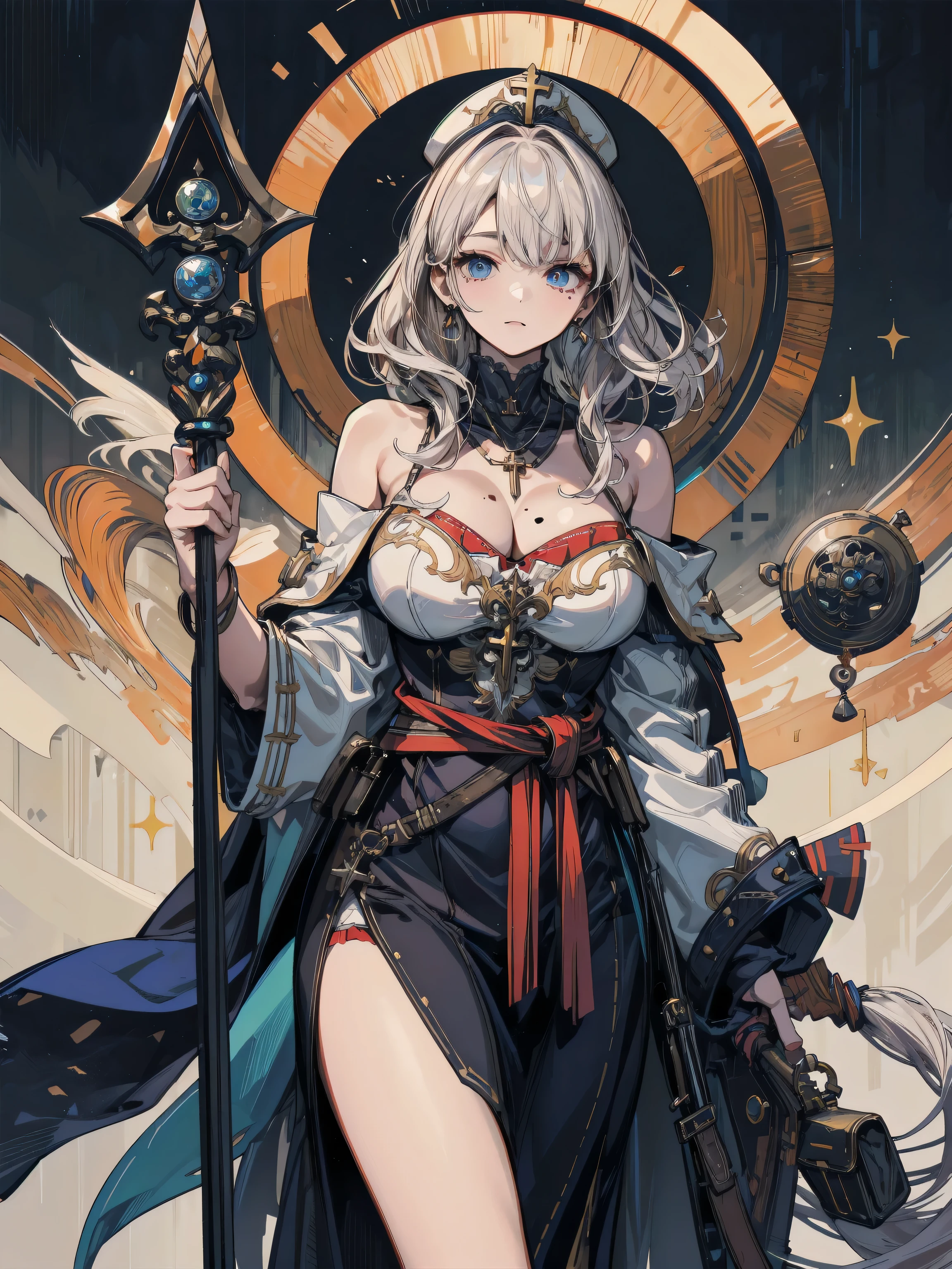 absurdres, RAW photo, extremely delicate and beautiful, masterpiece, Best Quality, ultra high resolution, 32k, hyperrealistic, ultra-detailed, perfect figure, detailed description, pale skin, 20 years old, detailed beautiful face and eyes, tearful mole, earring, short medium hair, wavy hair, full body, a heavily armored pirate, pirate captain, detailed metal armor, intricate pirate clothing, bold colors, highly detailed metal textures, holding a massive anchor,