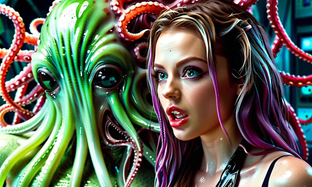 a pretty young woman (1 , 0, , nu, mesmerized expression, slime bikini ) is taken to a viscous tentacle chamber in an alien spaceship, onde um (((An alien doctor with many tentacles examines her and the probe))), (Best Quality,4k,8k,high resolution,obra-prima:1.2),Ultra-detailed,(realista,photorealist,photo-realistic:1.37), highly detailed science-fiction scene , Cinematic lighting, dramatic camera angle, cores vibrantes, intricate textures, Supernatural atmosphere, surreal atmosphere, dark costume , digital art
