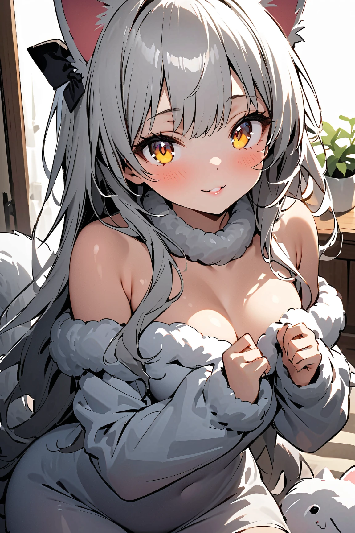 (Cutesexyrobutts art style:1.2), (raccoon female),(highly detailed:1.2), (bokeh), smiling, cute, long white hair, (detailed face and eyes:1.2), (heavy breasts), (sexy sweater:1.2), (blue eyes), (detailed hand and finger:1.2), (medium breasts:1.2), (busty), (deep cleavage:1.2), (labia outline:1.3), (hard teat:1.3).