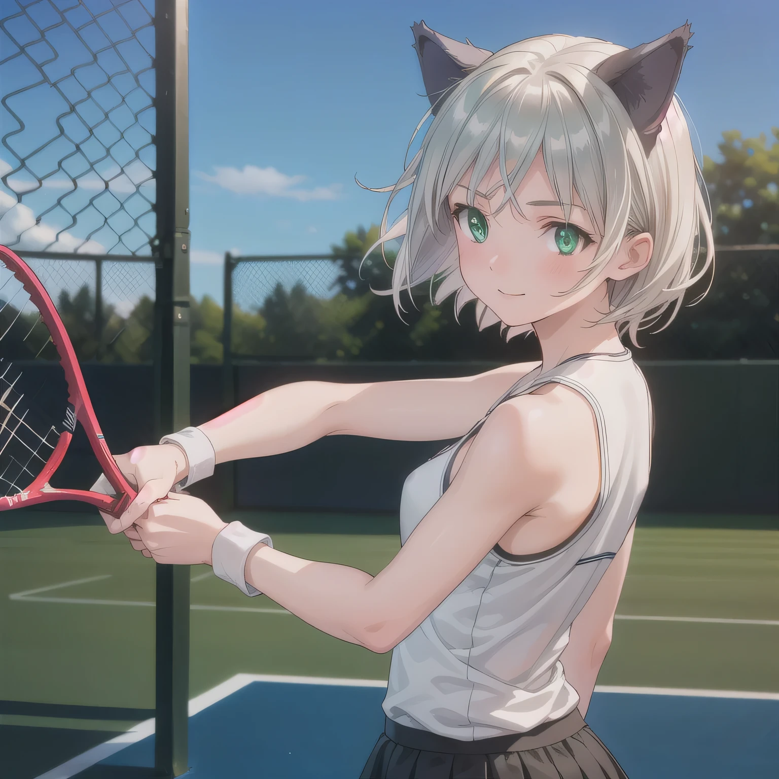 A young female tennis player in a sleek blue outfit stands ready, gripping her racket with both hands in a poised stance. Sunlight accentuates the crisp lines of her attire and the polished strings of the racket. Her determined gaze locks onto an unseen opponent, exuding confidence and focus. The lush green grass of the tennis court stretches into the distance under a clear blue sky. This dynamic scene blends elegance, power, and athleticism, capturing her readiness to strike with precision and grace.A 20-year-old woman smiles gently, friendly. (RAW photos, top quality), (realistic, photo-realistic:1.4), masterpiece, extremely delicate and beautiful, highly detailed, 2k wallpaper, ultra-detailed CG unity 8k wallpaper, ultra detail, high res, soft light, beautifully detailed girl looking back, extremely detailed eyes and face, beautifully detailed nose, cinematic lighting, perfect anatomy, slender body. Short hair, animal ears, (green eyes:1.3), white hair, cat ears.