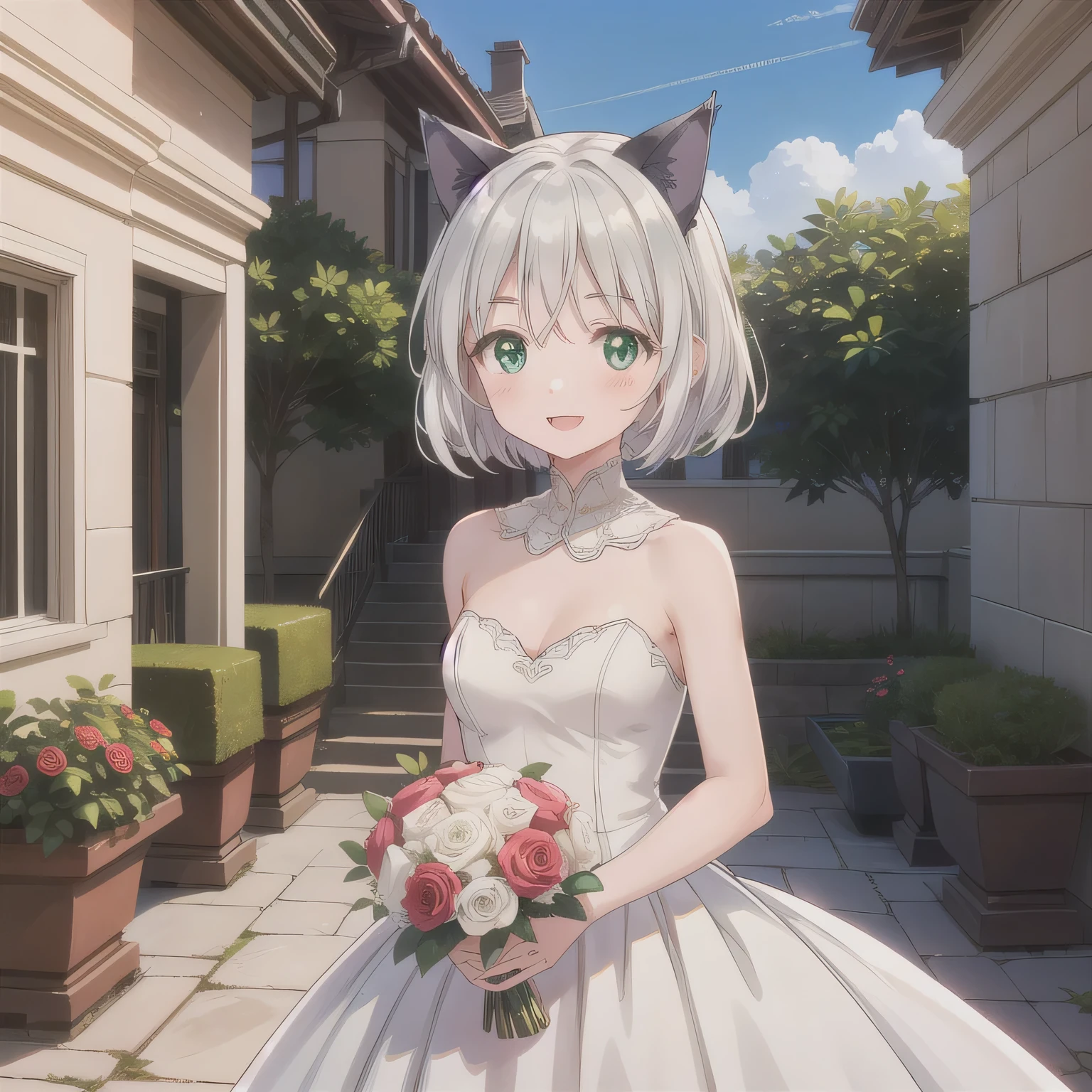 A breathtakingly beautiful 20-year-old woman stands in the courtyard of a luxurious mansion beneath a clear blue sky. She wears a white and blue wedding dress, holding a red bouquet gracefully in front of her chest. Her radiant smile and joyful expression exude pure happiness. Short hair, animal ears, (green eyes:1.3), white hair, cat ears.