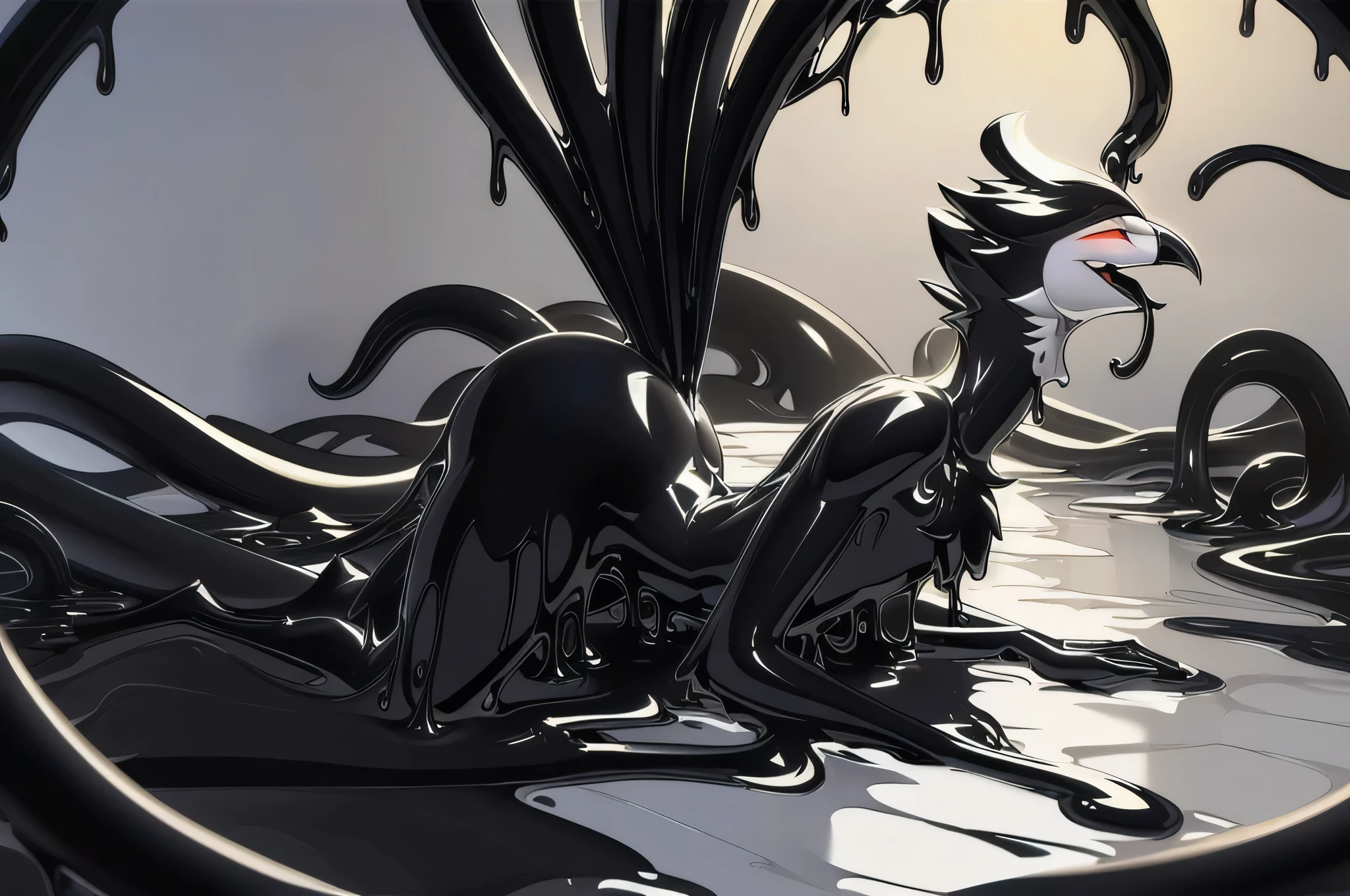 Tanraak (style), ((masterpiece)), ((8k quality)), (no watermark), stolas, male, sleek, shiny black slime body, long tail feathers, shiny, slick, goo, gooey, wide hips, black goo, dripping goo, black body, bs, avain tail, avian, thighs, butt, melting, detailed bedroom, glistening, chest tufts, undercovert tail feathers, smile, puddle of black slime, black slime everywhere, black slime tentacles, tentacles everywhere, black tentacles touching body, black tentacles entering mouth, open mouth, black tentacles entering butt, NSFW, surrounded by black tentacles