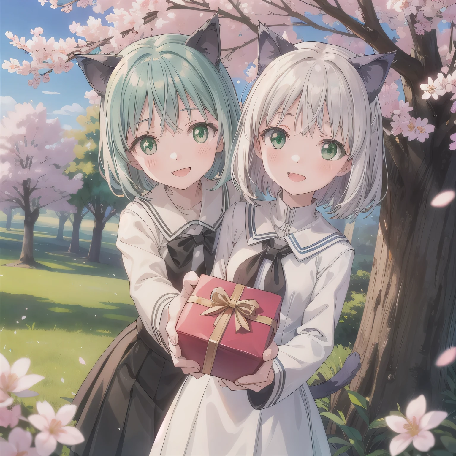 A breathtakingly beautiful 20-year-old woman stands in a lush park filled with cherry blossoms in full bloom beneath a clear blue sky. She wears a classic sailor uniform and gently holds a small, neatly wrapped gift box adorned with a red ribbon. Her radiant smile and joyful expression convey heartfelt happiness. Short hair, animal ears, (green eyes:1.3), white hair, cat ears.