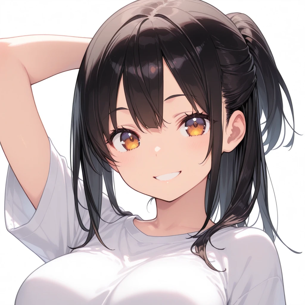 game CG, (downblouse), (loose t-shirt:1.5), leaning forward, sagging breasts,cleavage,Brush your hair up, looking viewer, breasts_silhouette, lighting, body Silhouette, (See-through:0.5)