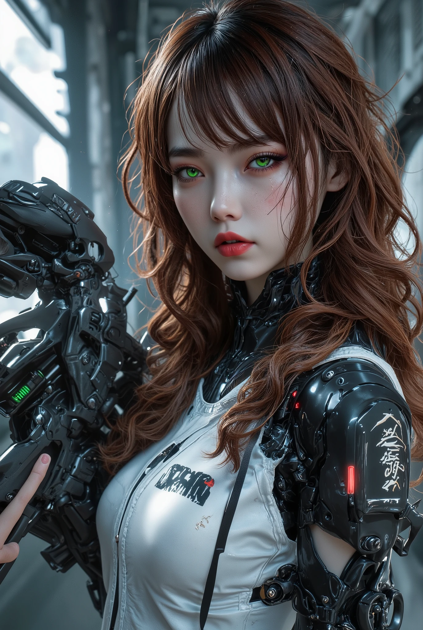 Top Quality, Masterpiece, Ultra High Resolution, (Photorealistic: 1.4), Raw Photo, 1 Girl, Black Hair, Glossy Skin, 1 Mechanical Girl, (Ultra Realistic Detail)), Portrait, Global Illumination, Shadows, Octane Rendering, 8K, Ultra Sharp, Big, Cleavage Exposed Raw Skin, Metal, Intricate Ornament Details, Japan Details, Very intricate details, realistic light, CGSoation trend, purple eyes, glowing eyes, facing the camera, neon details, mechanical limbs, blood vessels connected to the tube, mechanical vertebrae attached to the back, mechanical cervical attachment to the neck, sitting, wires and cables connecting to the head, gundam, small LED lamps,