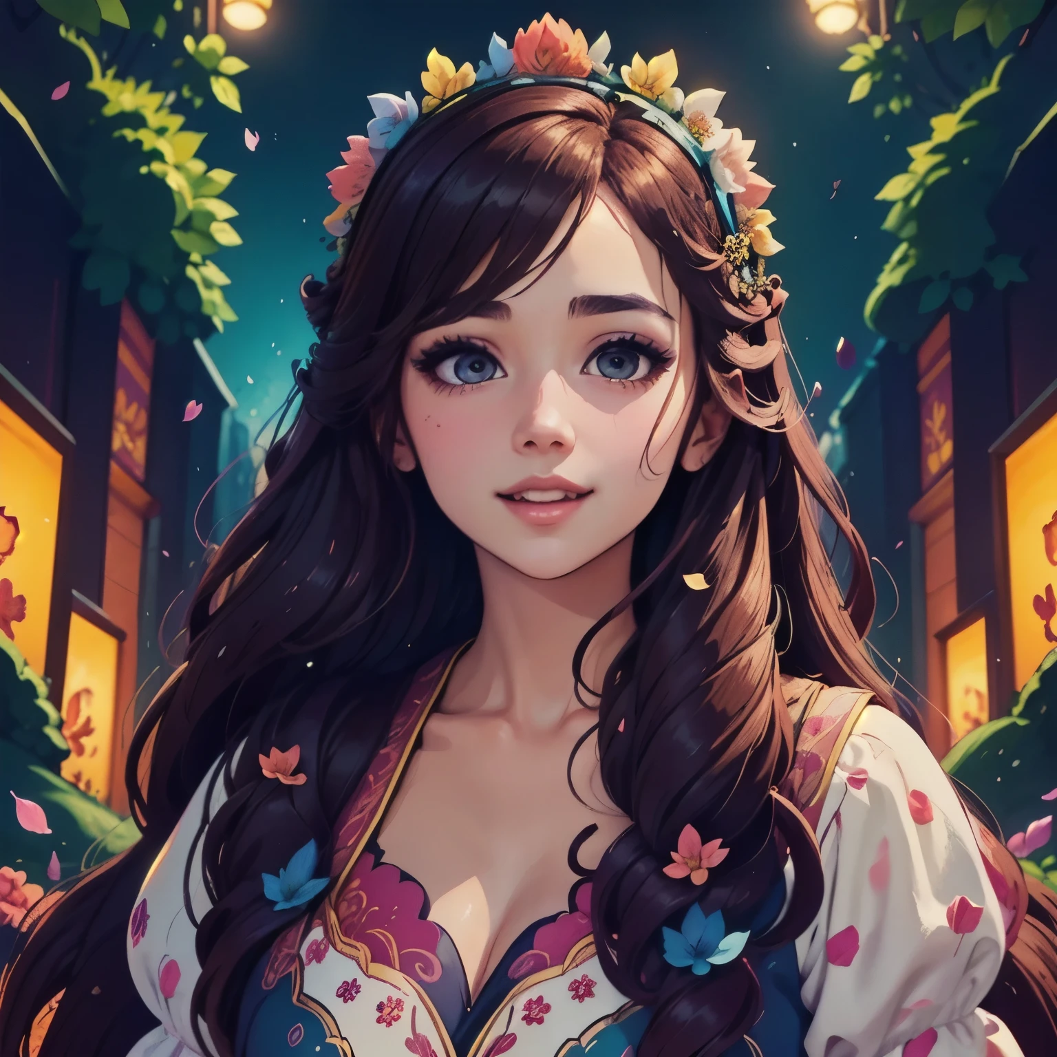 a vibrant, whimsical digital drawing of a young woman with long hair, detailed facial features, playful expression, flowing hair, intricate hairstyle, colorful floral crown, delicate skin, elegant posture, ethereal atmosphere, fantasy landscape background, magical environment, glowing lights, shimmering particles, vibrant colors, digital art, 8K, highly detailed, masterpiece, photorealistic