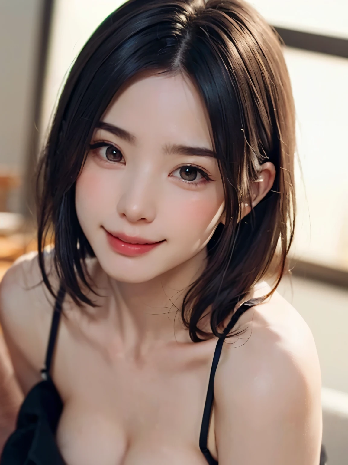 Highest quality, masterpiece, (Realistic: 1.4, Everything is beautifully detailed), One Woman, Golden Ratio, Perfect Face, Beautiful appearance, Pretty face, Face close-up, Short Bob, short hair, smile from Different Angles, smile, Gloss, highlight, Glossy on Skin, Glossy on Skin, Wet Skin, Wet, bangs, Cute smile, bust, Off the shoulder, Refreshing charm, Full of elegance, smile from perfect hand angle, smile, Gloss, highlight, Glossy skin, bangs, bust, big, 暖かいOff the shoulder, Refreshing charm, Ear clearing, Looking into the camera, Pose from different angles, {gigantic|big|huge|mega} breasts, cleavage