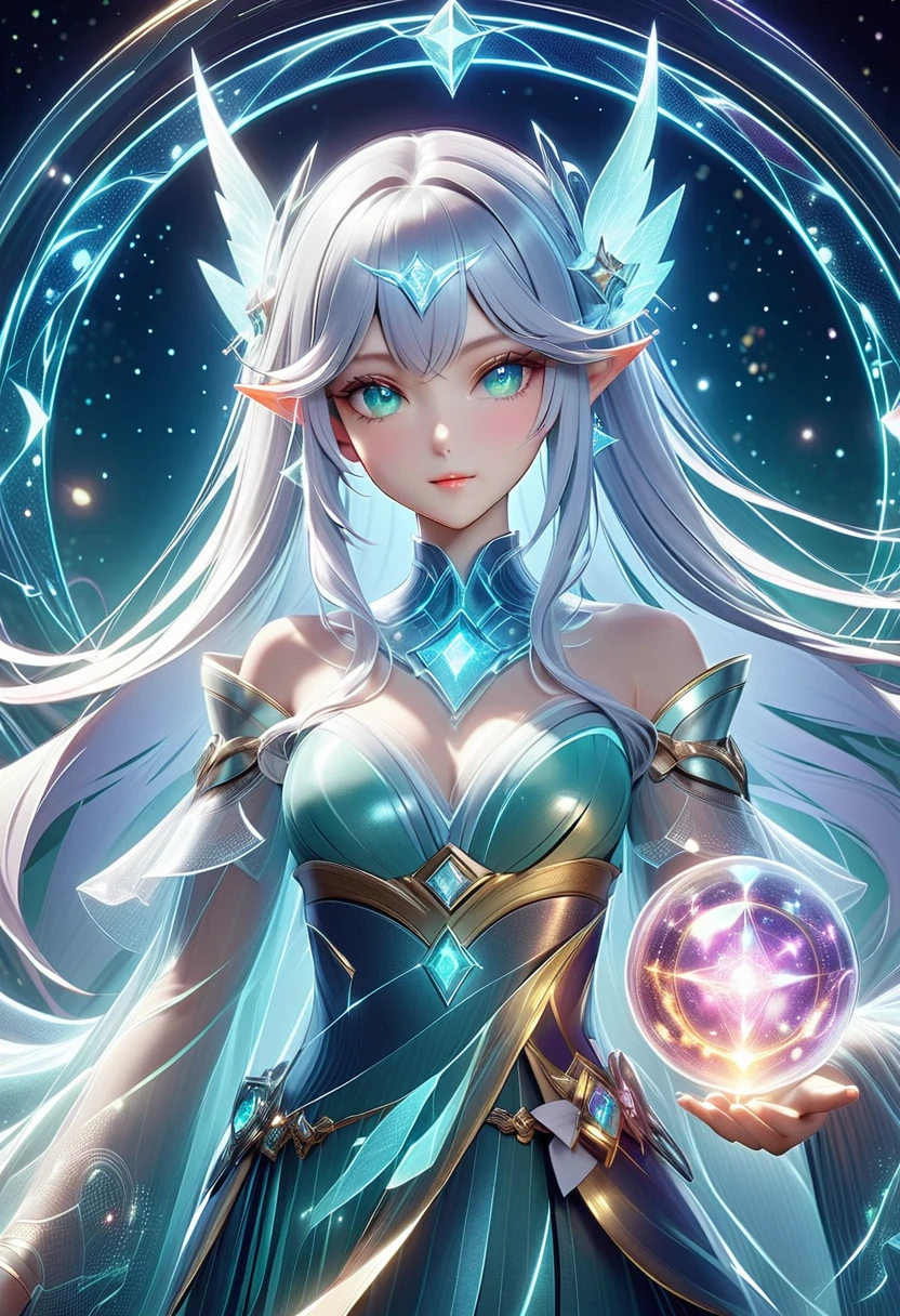 A girl, Night Elf, long ears, (light blue skin:1,2), long hair red blue, wide hips, small chest, Green eyes, grinning, long mage robe, visibly life, massive magical shoulder pads, (portrait including showing legs :1.5), in the hands of the magic of fire and ice Mage's Tower, glowing projectiles around the character