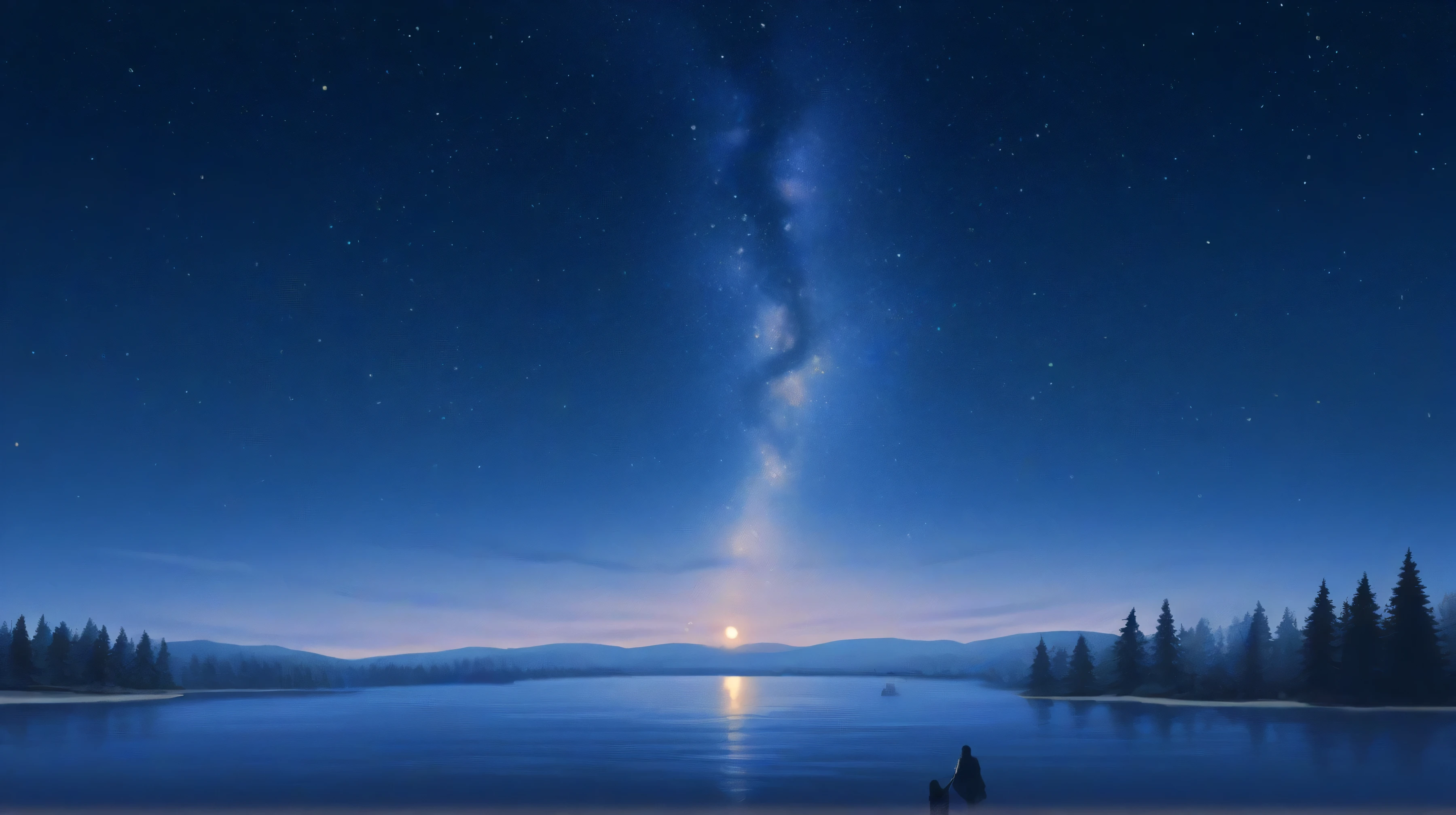 "Dawn fog spreading along a calm lakeside, A scene where the waves sparkle quietly and give a deep sense of calm"" Starry Night Sky "" is carrying a warm pastel ", "Soft light and shadows","In the forest illuminated by soft moonlight