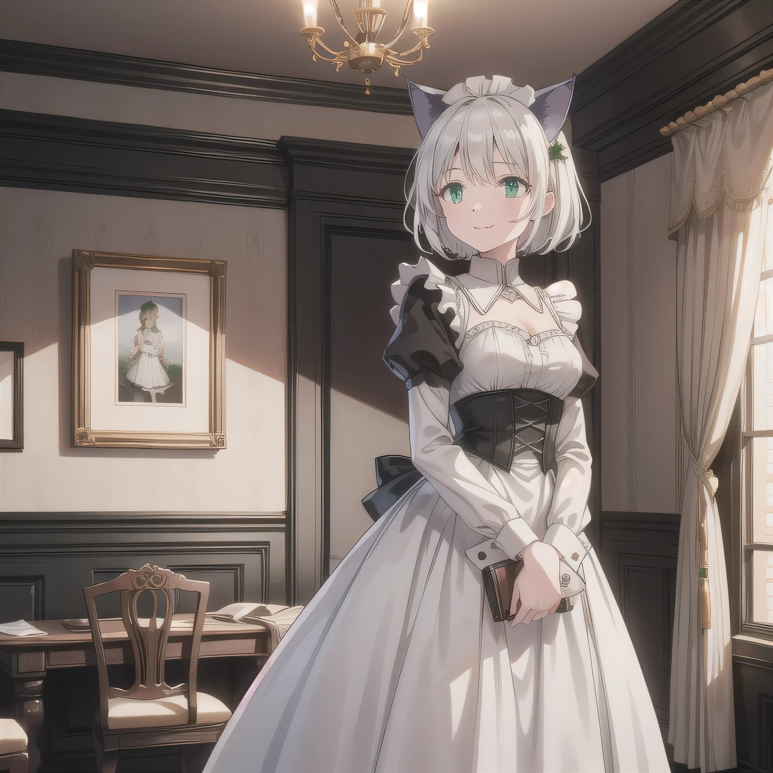 A breathtakingly beautiful 20-year-old woman stands in an opulent mansion room, dressed in a classic black-and-white maid outfit with a short hem and a white brim cap. Her confident smile radiates warmth. The room features elegant furnishings and decor befitting a grand estate, bathed in soft, natural lighting that enhances the sophisticated ambiance. Short hair, animal ears, (green eyes:1.3), white hair, cat ears.