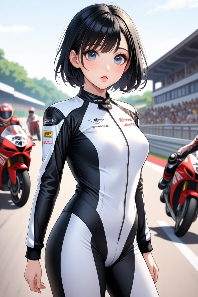 1boy, black eyeliner, male medium length hair, black hair, handsome, brown eyes, brown lipstick, femboy, blush, thin waist, half open eyes, beautiful face, black racing clothes, motorcycle behind, racing road