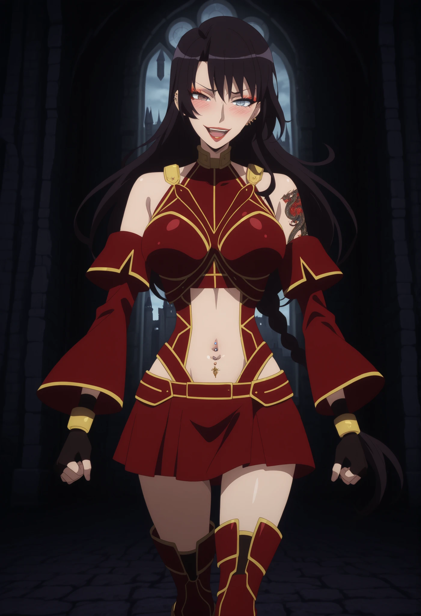 hephaestionlemcf,
very long hair,black hair,braid, red eyeshadow,dark blue eyes,grey eyes,heterochromia,lipstick,red armor,navel cutout,bare shoulders,red detached sleeves, black fingerless gloves, red short plated skirt, red boots, , ear piercing, long hair, blush, lipstick,Hot girl, baddie,, sensual, attractive ,, masterpiece,high quality,4k,belly,, smile, open mouth, (nsfw) not safe for work, evil expression,belly, exposed navel, exposed midriff, exposed lower belly, castle,inside castle,navel piercing, medium large breasts, ,dragon tattoo on waist, narrowed eyes, tattoo on waist, anipai_style , anime screencap , anime coloring