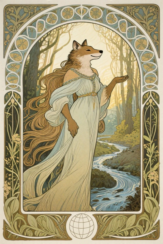 cover page, highres, top quality, best quality, paid reward available, unparalleled masterpiece, perfect artwork, absurdres, High-quality illustrations by Alphonse Mucha, art nouveau, Delicate and elegant linework, flowing hair, Flowing Dresses, Curvilinear lines, Decoration with plant motifs, Geometric decoration, Poetic atmosphere, Rich colors, Dreamy, mystical, Tarot Card(In the forest where the stream flows, Backlighting)perfect anatomy(Furry, Solo focus, Dress, Long Globe)(furry anthro:1.7)((furry body, Facial features of dragon, Features of the doragon's body))All over body, Archaic Smile (portrait),