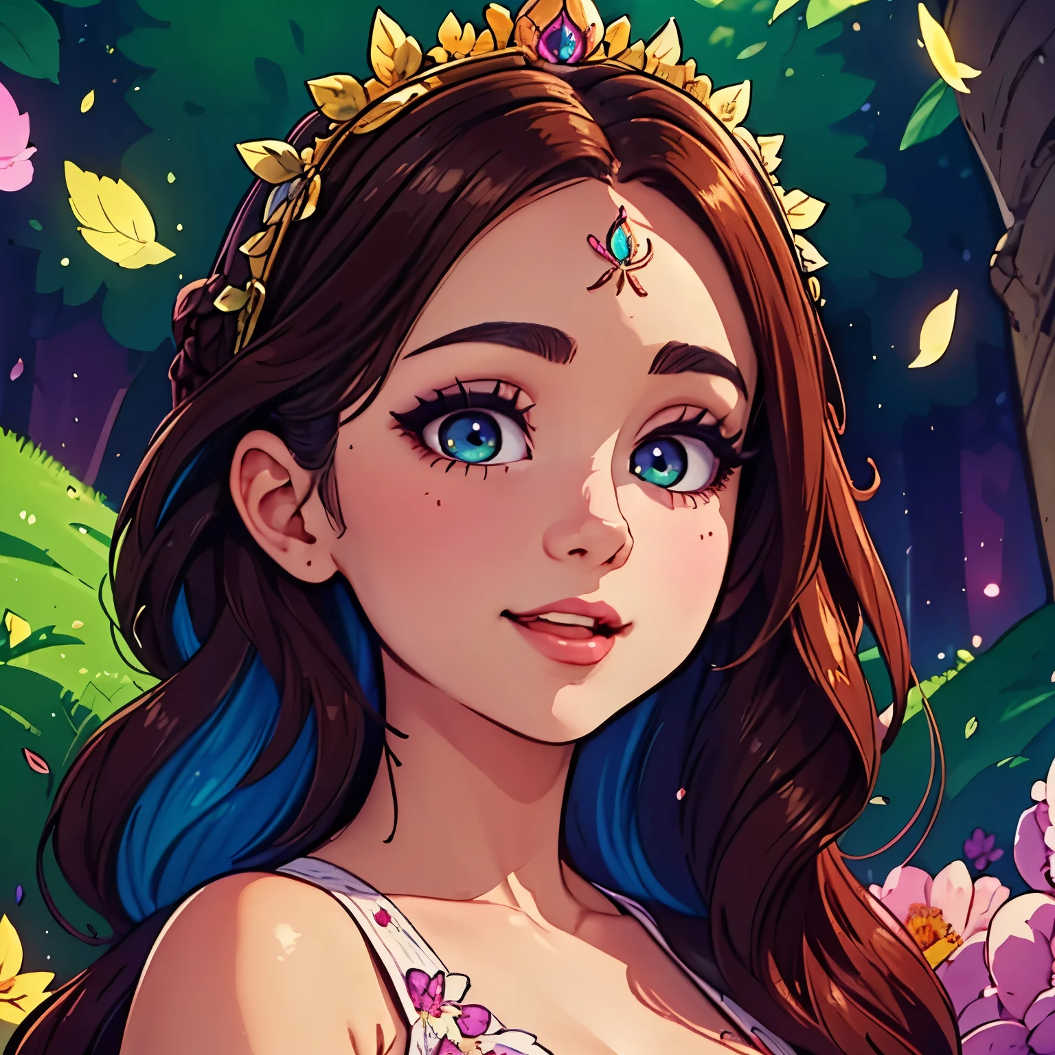 a vibrant, whimsical digital drawing of a young woman with long hair, detailed facial features, playful expression, flowing hair, intricate hairstyle, colorful floral crown, delicate skin, elegant posture, ethereal atmosphere, fantasy landscape background, magical environment, glowing lights, shimmering particles, vibrant colors, digital art, 8K, highly detailed, masterpiece, photorealistic
