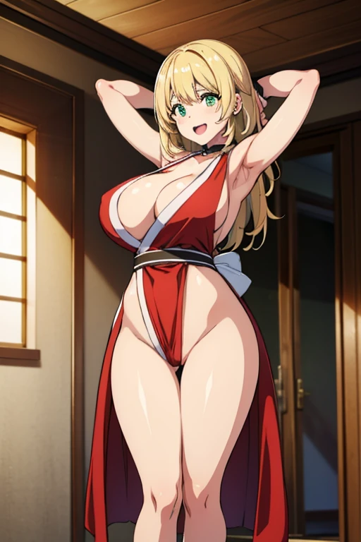 1 girl, Game CG, The shrine maiden is wearing a swimsuit., Huge breasts, blonde, Mid-length hair, Side Ponytail, Green Eyes, Japanese Shrines, dynamic, smile,
