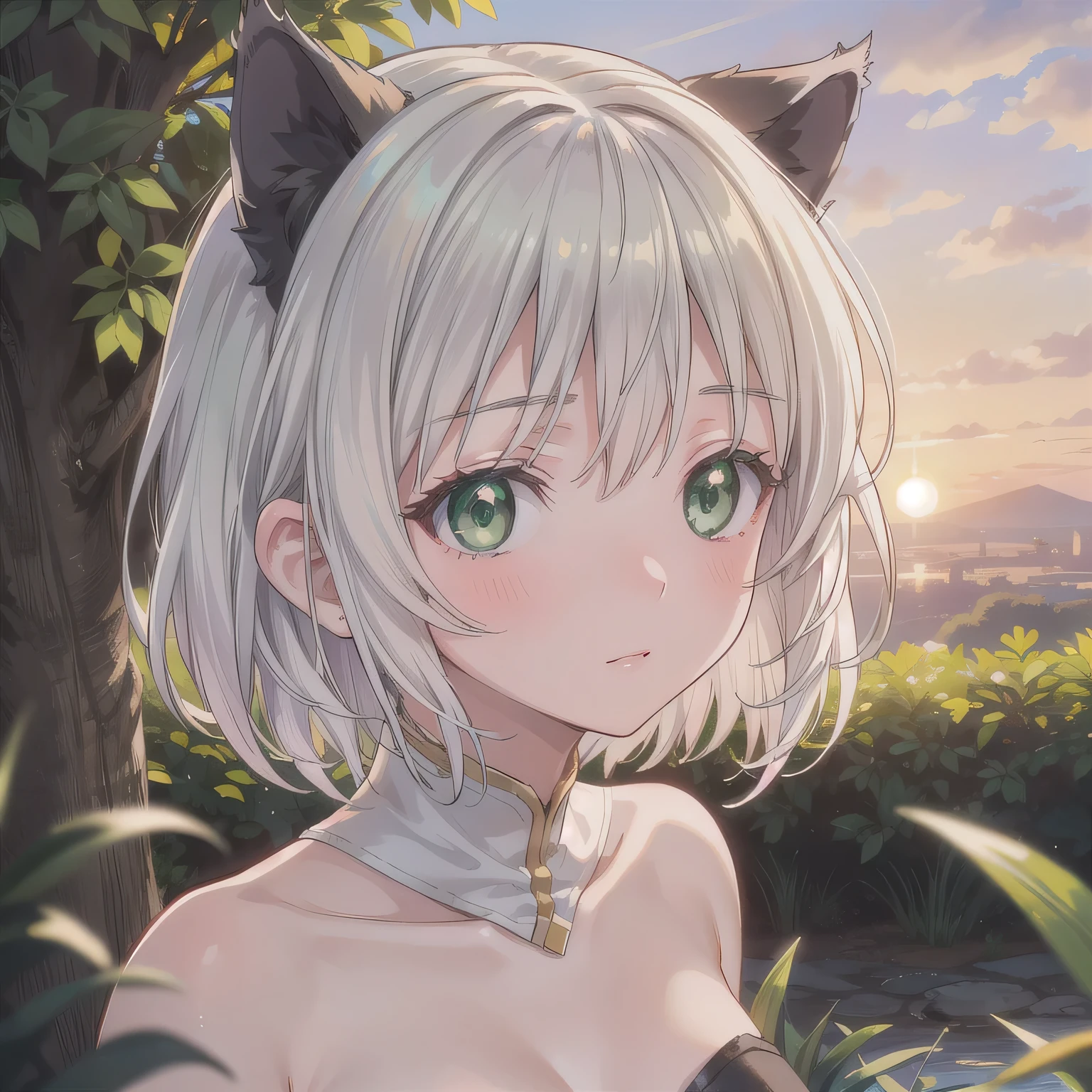 A breathtakingly beautiful 20-year-old woman stands in a lush green park at sunset, bathed in the warm golden light of the evening sun. Facing forward, her eyes gently closed, cheeks slightly flushed, and her face tilted upward as if anticipating a kiss, she embodies serenity and romance. The soft hues of the sunset complement the tranquil surroundings, enriching the dreamy atmosphere. Short hair, animal ears, (green eyes:1.3), white hair, cat ears.