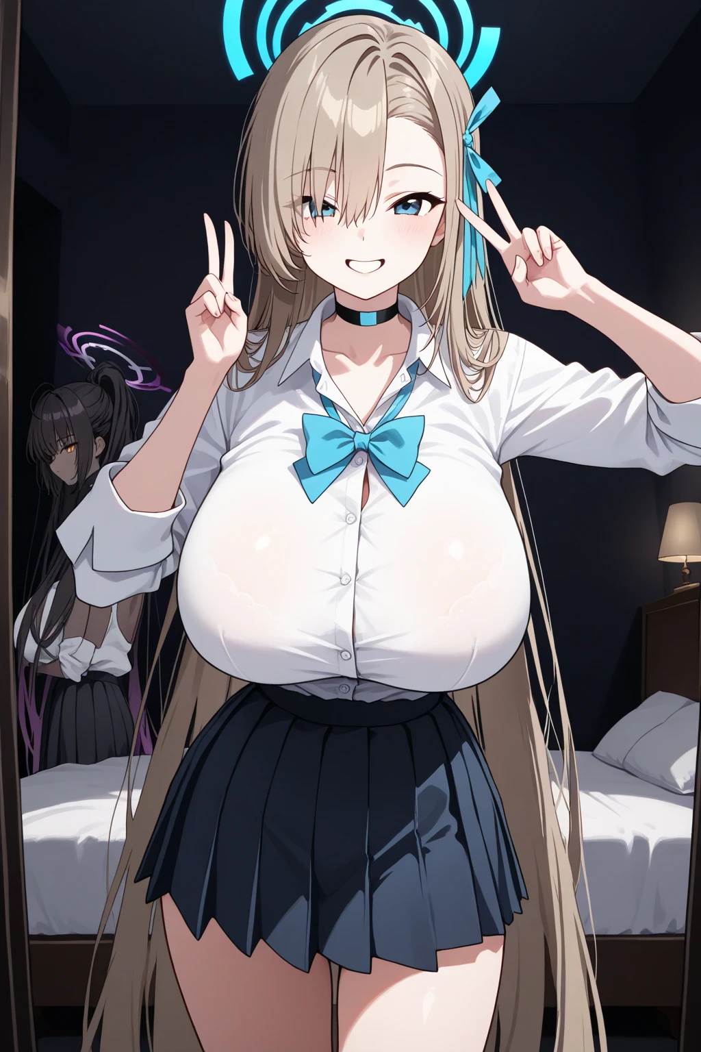 asunaichinose, asuna ichinose, blonde hair, blue eyes, hair bow, hair ornament, hair over one eye, halo, long hair, mole, mole on breast, mechanical halo,
BREAK bow, choker, collarbone, dress shirt, unbottened shirt, hair scrunchie, miniskirt, , scrunchie, shirt, skirt,
BREAK looking at viewer,
BREAK classroom,
BREAK (masterpiece:1.2), best quality, high resolution, unity 8k wallpaper, (illustration:0.8), (beautiful detailed eyes:1.6), extremely detailed face, perfect lighting, extremely detailed CG, (perfect hands, perfect anatomy),