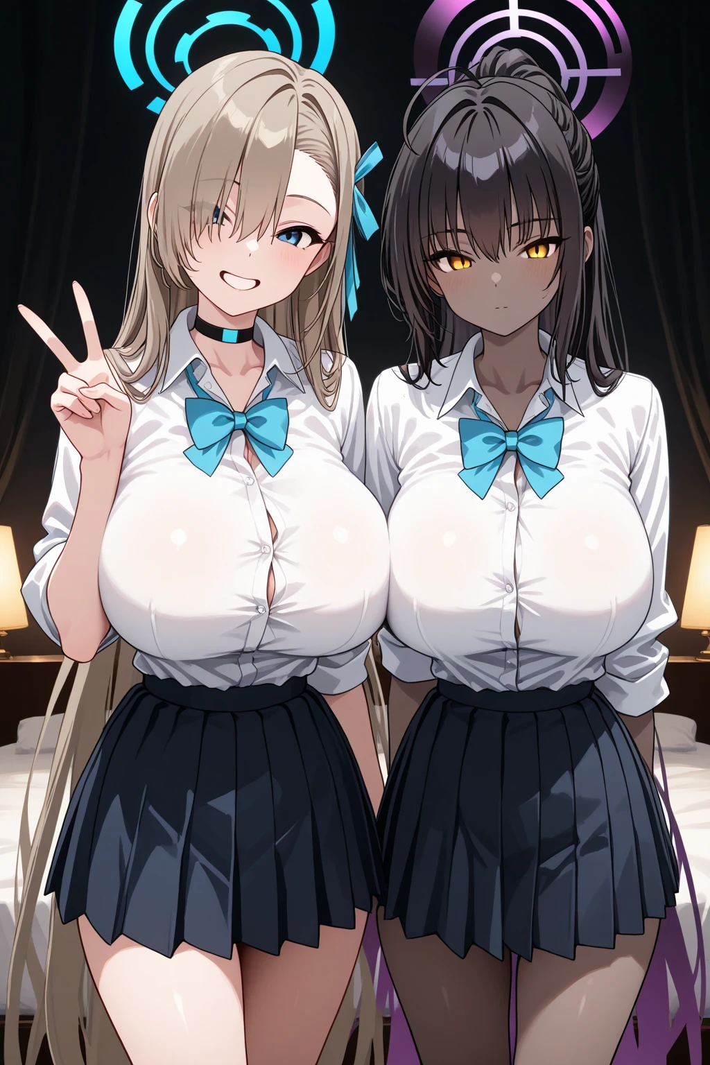 Anime Moe Art Style,Highest quality,High resolution,Anatomically correct,Multiple Girls,Mid-teens,Mr.々Hair style,Super detailed,Big Breasts,Shiny skin,Beautiful Skin,A rich expression,Bright smile,high school girl,Gal-style girl,Nipples are visible,Girly fashion,Show off your chest,Flip up the skirt,sexy,Love Hotel,Eyes drawn in detail,8K