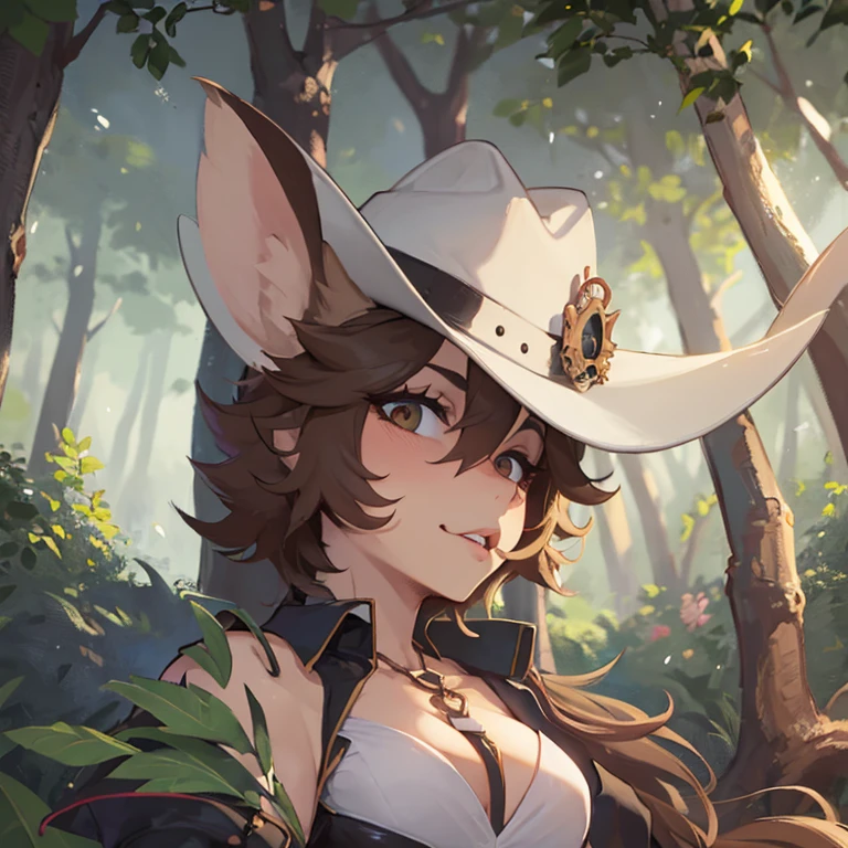 (big breast,rabbit features,cowboy pose)illustration, vivid colors,vibrant lighting,highres,extremely detailed,anime style,happy expressions,playful atmosphere,green garden background,cowboy hat and boots,long ears,fluffy fur,whiskers