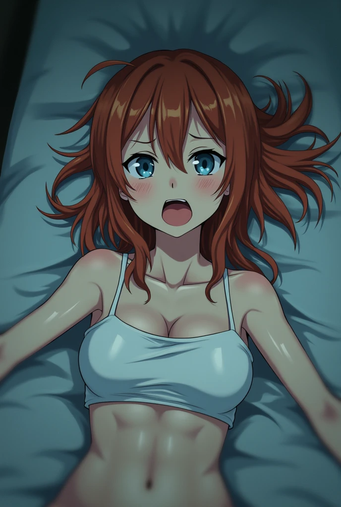 sauce_anime, ambient light,
fsn_ubw_style, 1girl ,tall girl, straight hair ,bob cut hair, red hair, deep blue eyes, hair between eyes, perfect eyes ,wince ,frown, Perfect face, expressive eyes, close up face:0.2 ,  
(show off breast), (undress camisole),navel , detailed nipples, white panties, wet body, tearful,  
indoors, bed, realistic bed room, (missionary position),virginal sex, , lesbian sex, blush, (steam),
cowboy shot, looking at viewer, solo, dutch angle, pussy juice, open mouth, saliva ,screaming, half closed eyes,[medium breast], 
