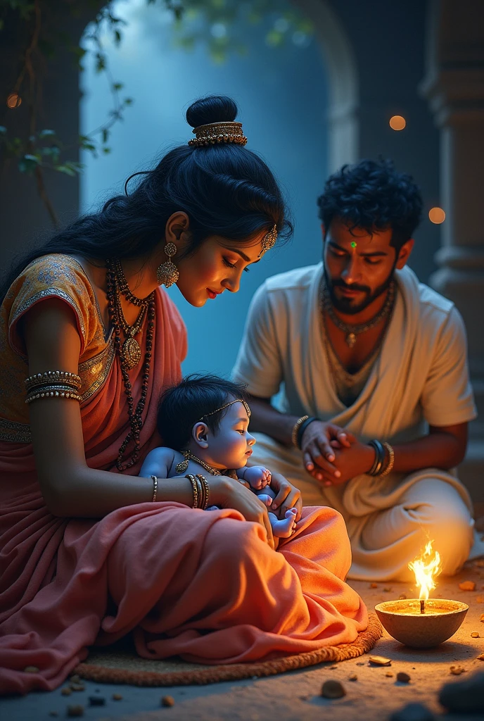 Devaki , vasudev and lord newborn krishna in prison of jail in slow light of lamp