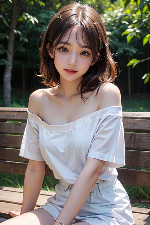 ((of the highest quality, 8K, masutepiece: 1.3, Raw photo)), Sharp Focus: 1.2, (1 AESPA Girl :1.1), Solo, (Realistic, Photorealistic: 1.37), (Face Focus: 1.1), Cute face, hyperdetailed face, (short messy hair: 1.2), Small Smile, (Small breasts, flat chest: 1.1), nude, standing, (off shoulder white chiffon dress, chiffon panties: 1.2), thigh, lakeside by nature, Orchid, depth of field