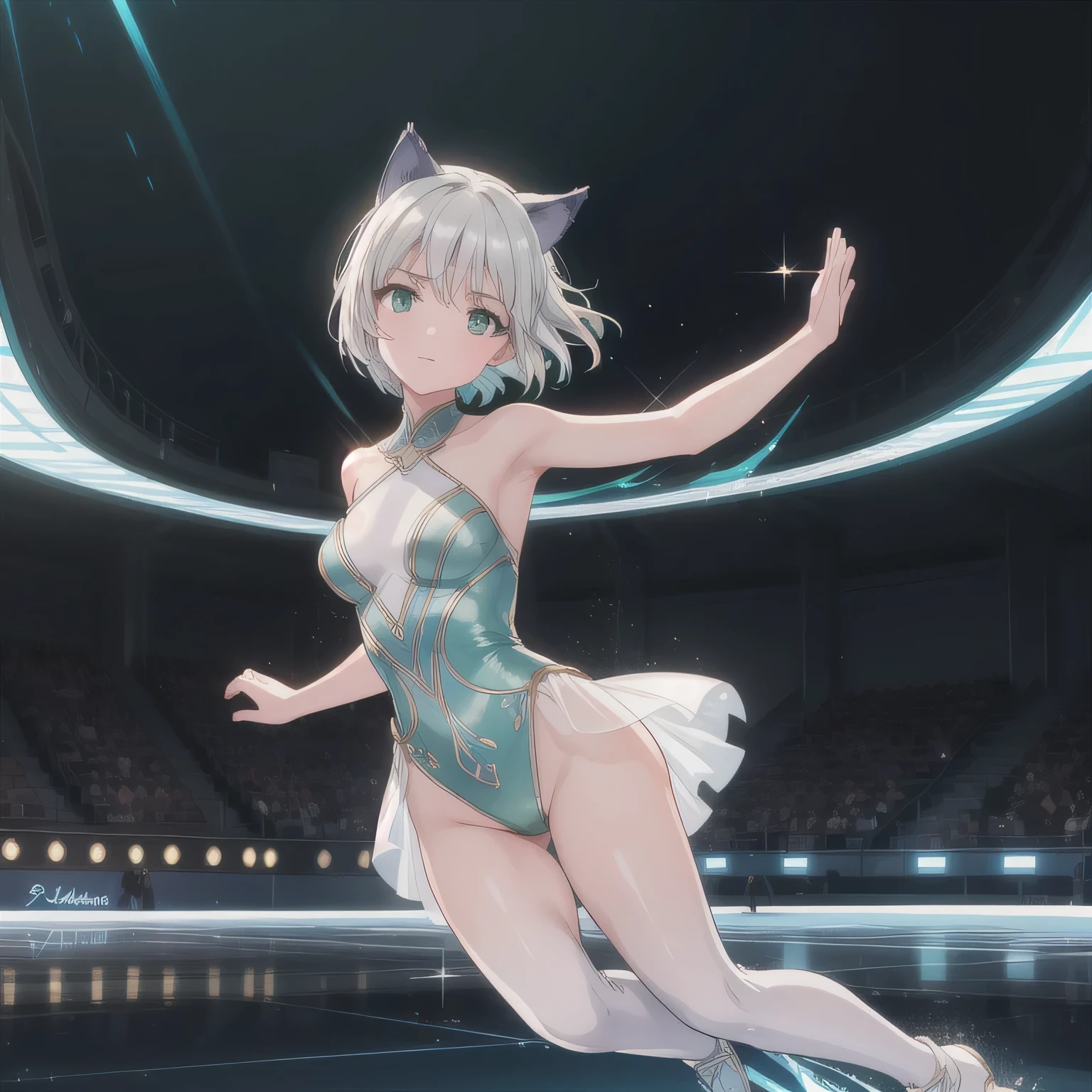 A breathtakingly beautiful 20-year-old woman glides dynamically across the ice rink, dressed in an exquisitely detailed and elegant figure skating costume. Her graceful movements exude both power and finesse as she carves intricate patterns into the ice. The soft arena lighting casts a gentle glow, highlighting the shimmering fabric of her outfit and the fluidity of her performance, creating a mesmerizing scene of beauty and athleticism. Short hair, animal ears, (green eyes:1.3), white hair, cat ears.