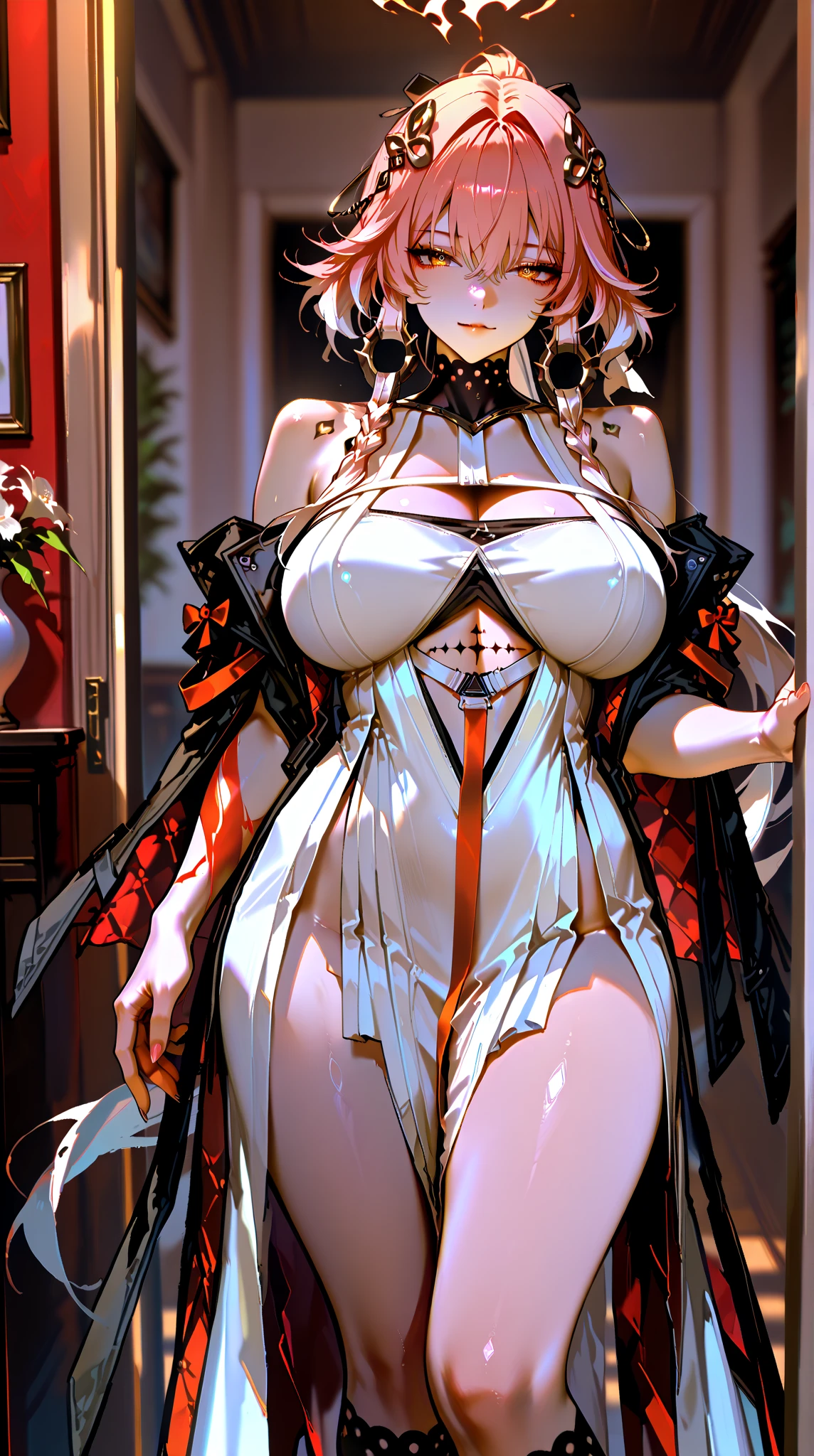 (((1 beautiful girl Wear super sexy invisible no colorlingerie:2))), super beautiful nipple, style naked, ((wearing colorless foot stockings invisible:2)), ((long black hair:1.8)), bangs, elaborate jewelry made from precious stones and beautiful hair, the noble, noble style of an extremely girl beautiful, very pretty and lovely face, ((bright face:1.2)), very pretty face, thin eyebrows, eyes are so beautiful and perfect, flawless beautiful face, ((black pupil: 0.8)), very beautiful eyes, ((eyes silver: 1.5)), ((light purple eyeshadow makeup is very attractive and devilish:1)), beautiful makeup and detailed hairdo, eyelashes, steamy eye makeup, high nose, earrings, plump red lips, beautiful and balanced lips, ((closed mouth: 1.5)), slim hands, beautiful thighs best, ((Sitting position, chest puffed out and arms behind: 1.6)), ((unbutton the girl's shirt:1.6)), ashamed, rosy face, clean face, flawless beautiful face, smooth white skin, (big breasts: 1.3)), ((high breasts: 1.6)), firm breasts, beautiful cleavage, (((big and super round breasts: 1.5))), ((super tight breasts: 1.5)), beautiful breasts, busty breasts, perfect body, thrust your chest forward, 8k photo, super high quality, hyper realistic, super 10x pixels, optical, studio bright, edge bright, two-tone lighting, (high detail skin: 1.2), super 8k, soft light, high quality, volumetric light, optical, high resolution optical, light, best photo, 8k quality, smooth sharpness, (((bright white skin, super bright background: 1.2))), (((super bright skin:1.5))), bright colors harmonious light, ((red flower background:1.5)), aurora, lightning, surreal graphics, most realistic graphics, alone, solo, Extremely sharp, surreal images, look at the beautiful girl's body, (((frontal portrait: 1.2)))."