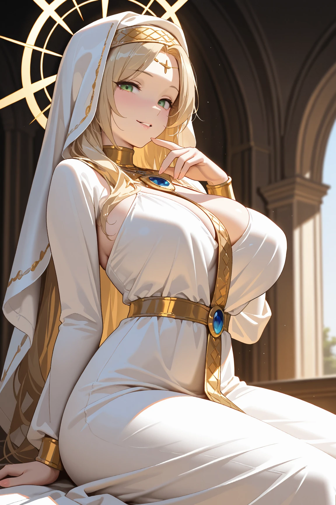 Highest quality, masterpiece, One girl, (alone:1.1), Ray Tracing, Super detailed,Detailed face, 8k wallpaper, Wide Hips, smile, Sword Maiden NDV, One girl, Blonde, Large Breasts, Long Hair, White Dress, Black blindfold, necklace, habit, Outdoor, wall, I had already finished,  